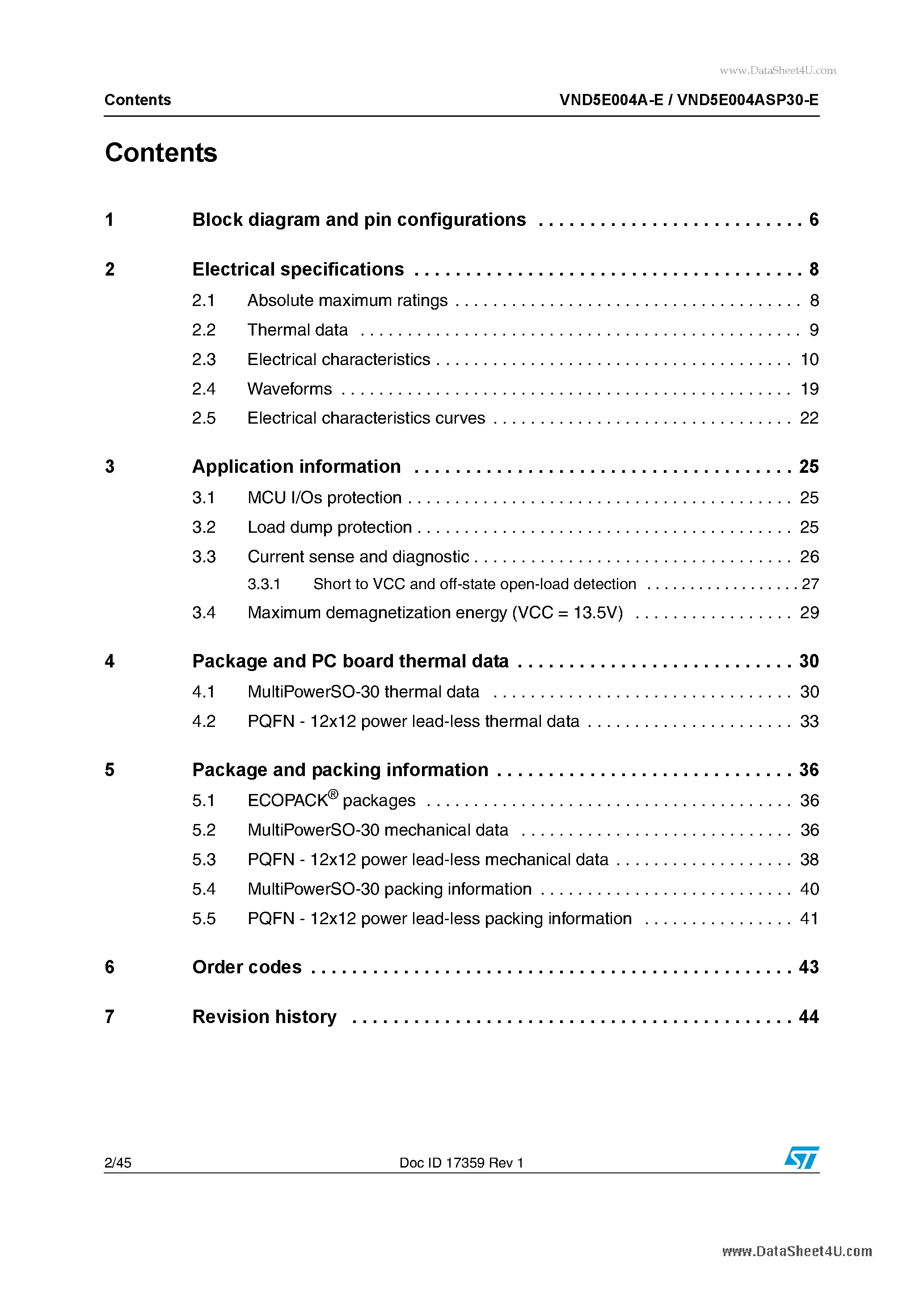 Datasheet VND5E004A-E - Double 4m ohm high-side driver with analog current sense page 2