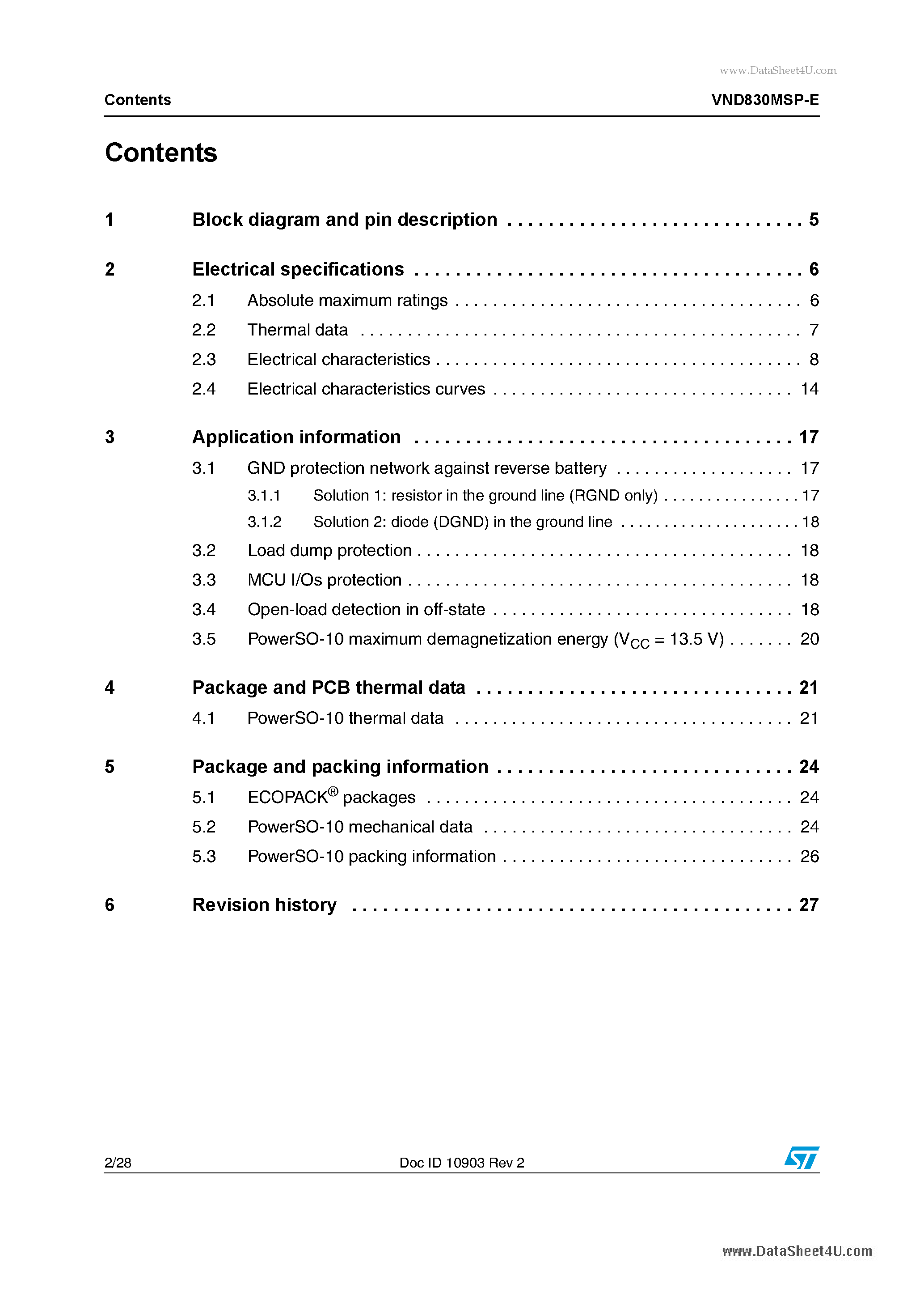 Datasheet VND830MSP-E - Double channel high-side driver page 2