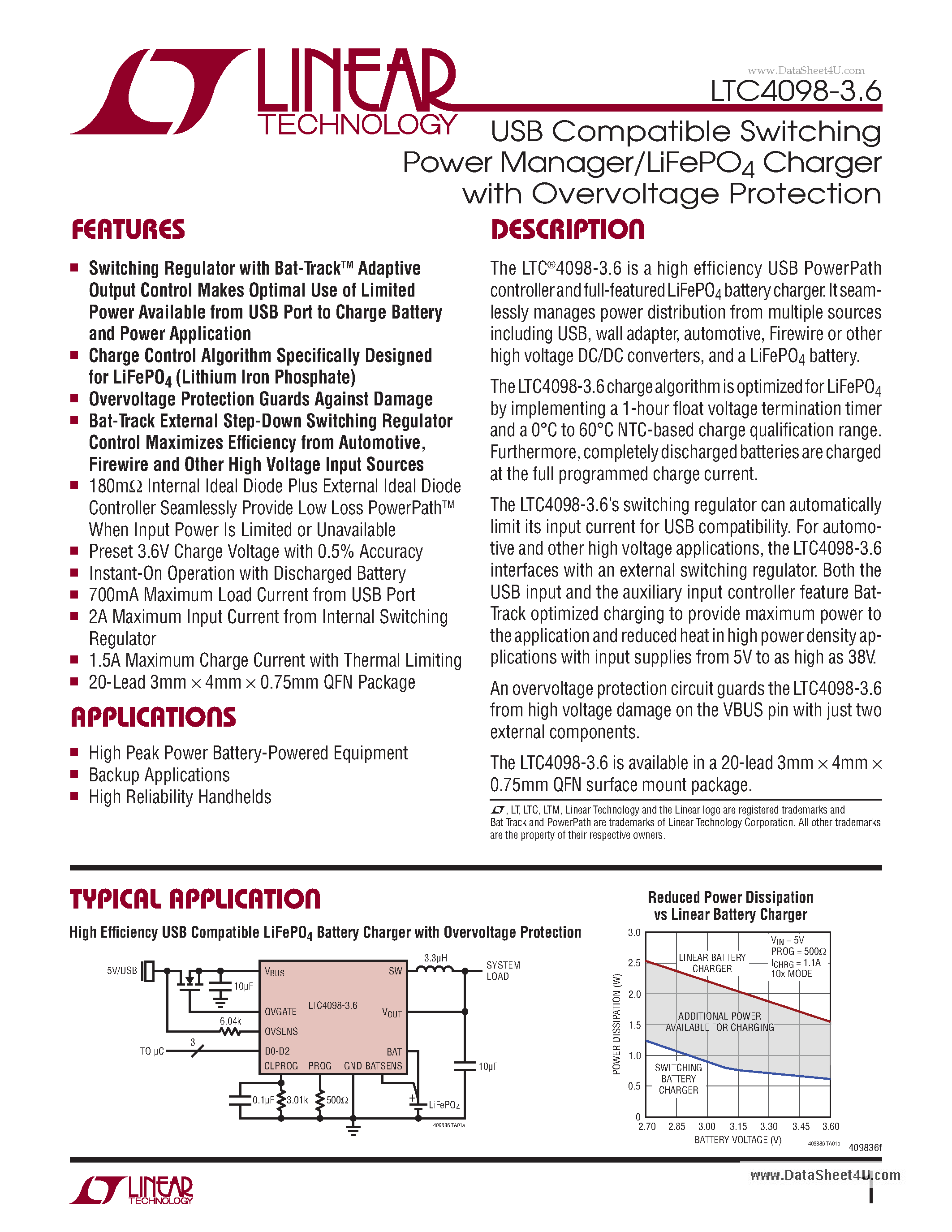 Даташит LTC4098-3.6 - USB Compatible Switching Power Manager/LiFePO4 Charger страница 1