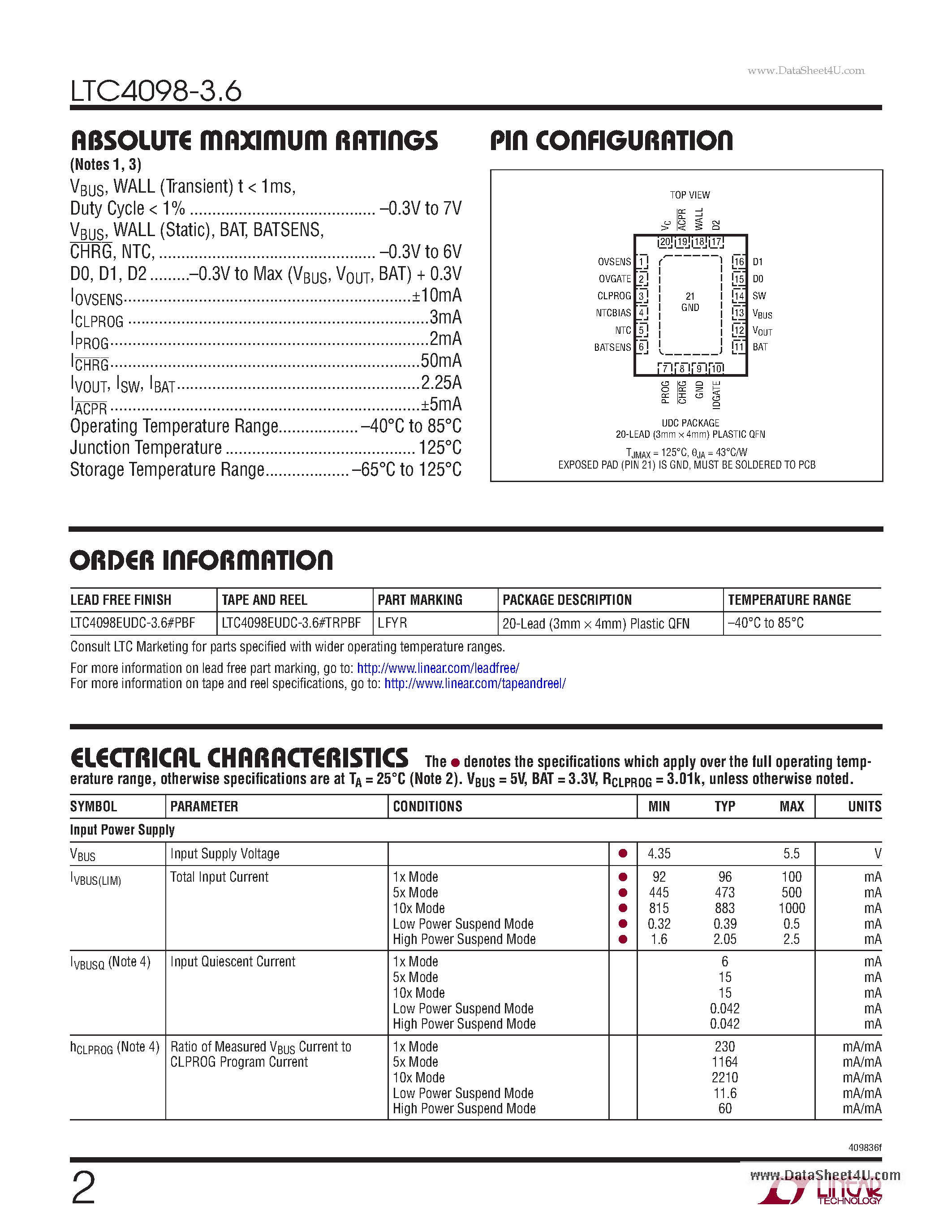 Даташит LTC4098-3.6 - USB Compatible Switching Power Manager/LiFePO4 Charger страница 2