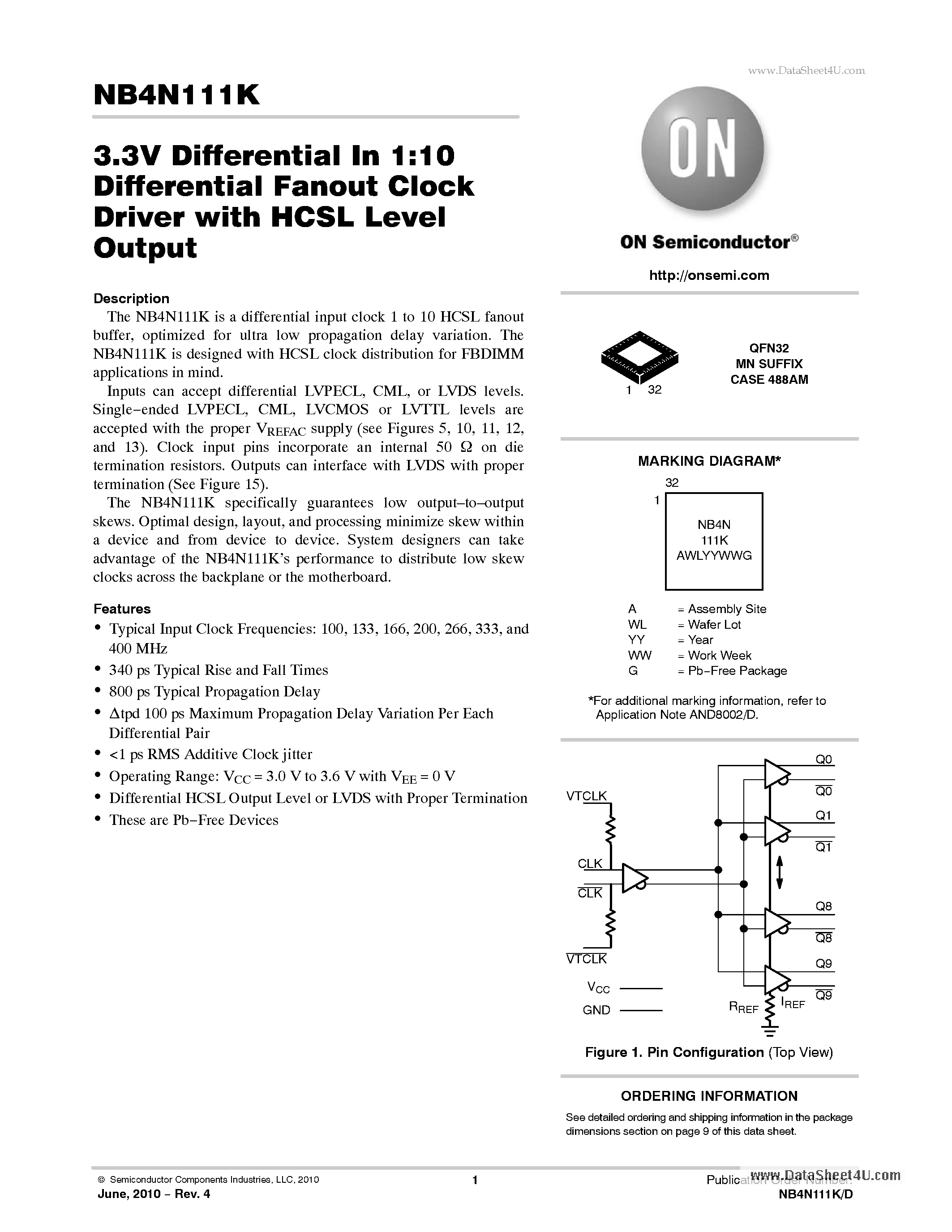 Даташит NB4N111K - 3.3V Differential In 1:10 Differential Fanout Clock Driver страница 1