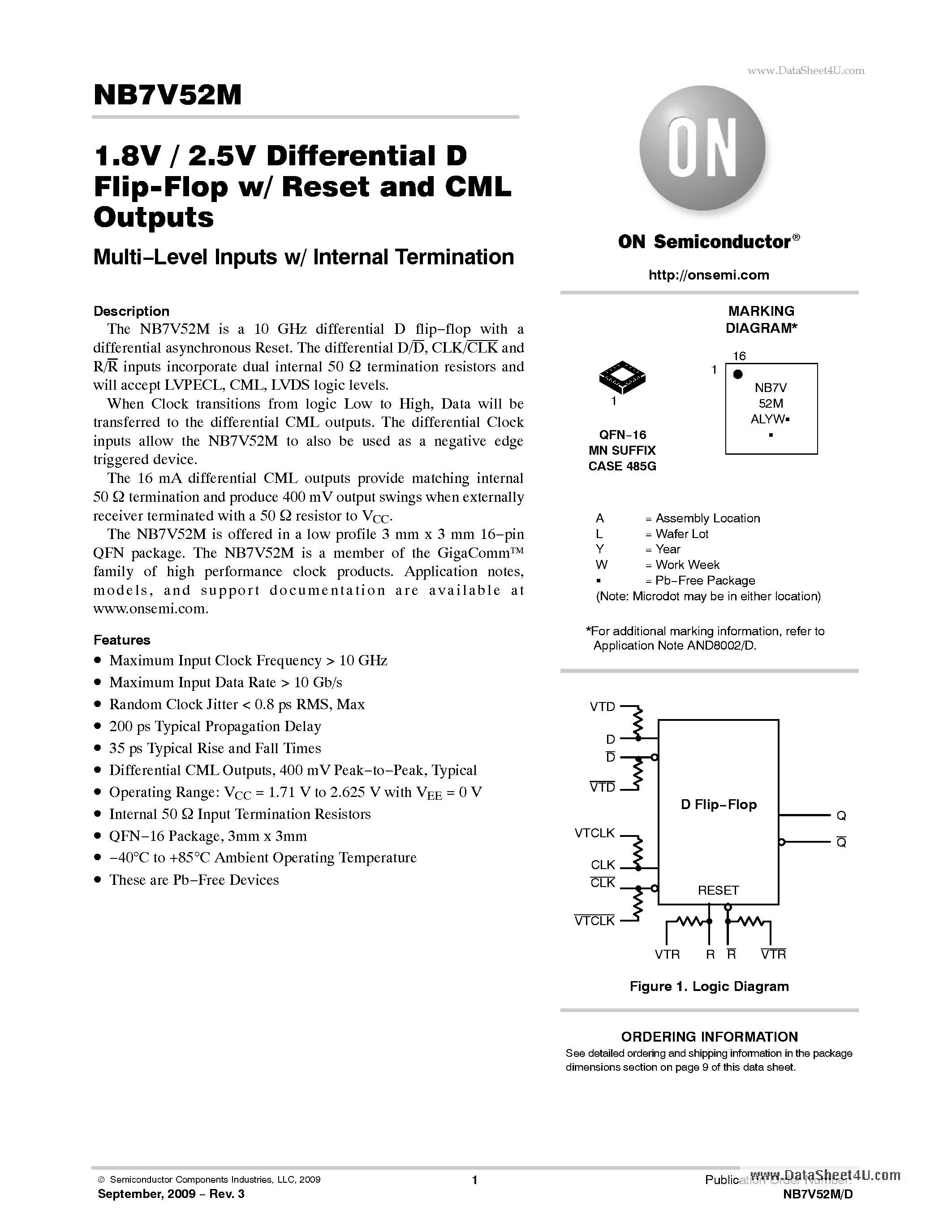 Даташит NB7V52M - 1.8V / 2.5V Differential D Flip-Flop w/ Reset and CML Outputs страница 1