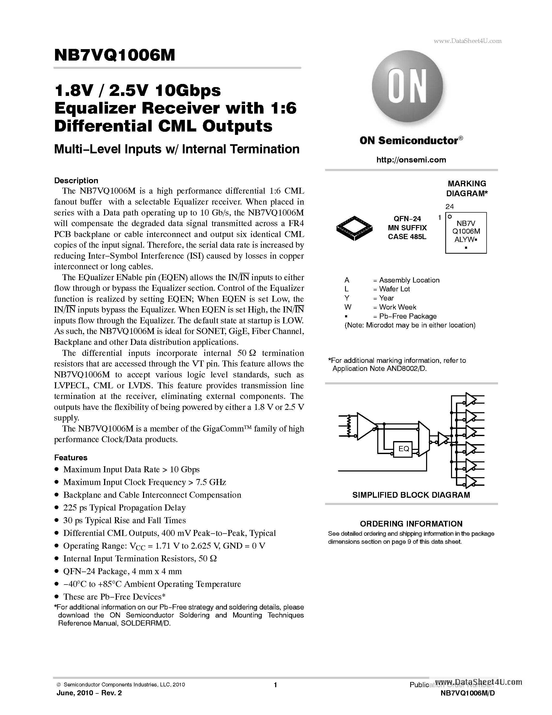 Даташит NB7VQ1006M - 1.8V / 2.5V 10Gbps Equalizer Receiver страница 1