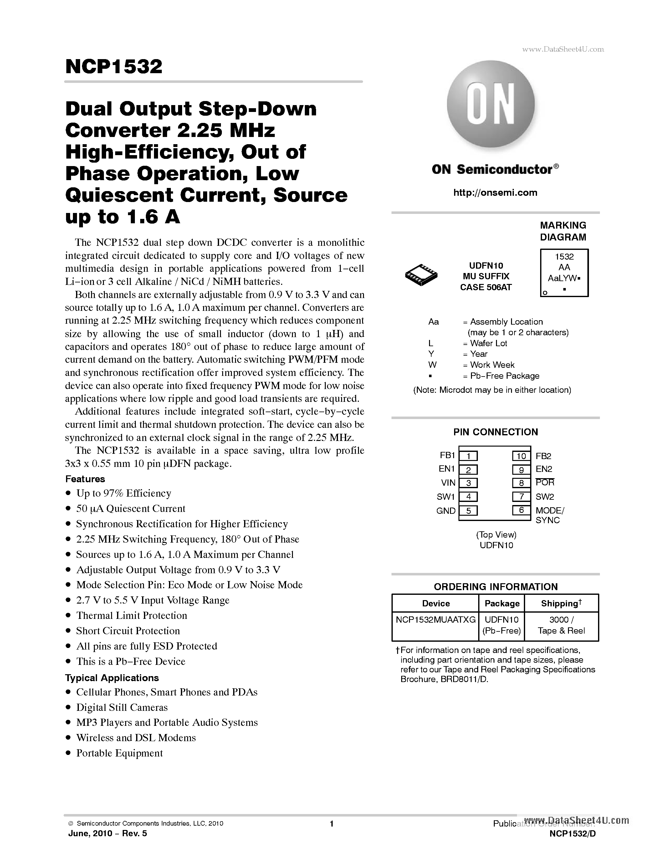 Даташит NCP1532 - Dual Output Step-Down Converter 2.25 MHz High-Efficiency = Out страница 1