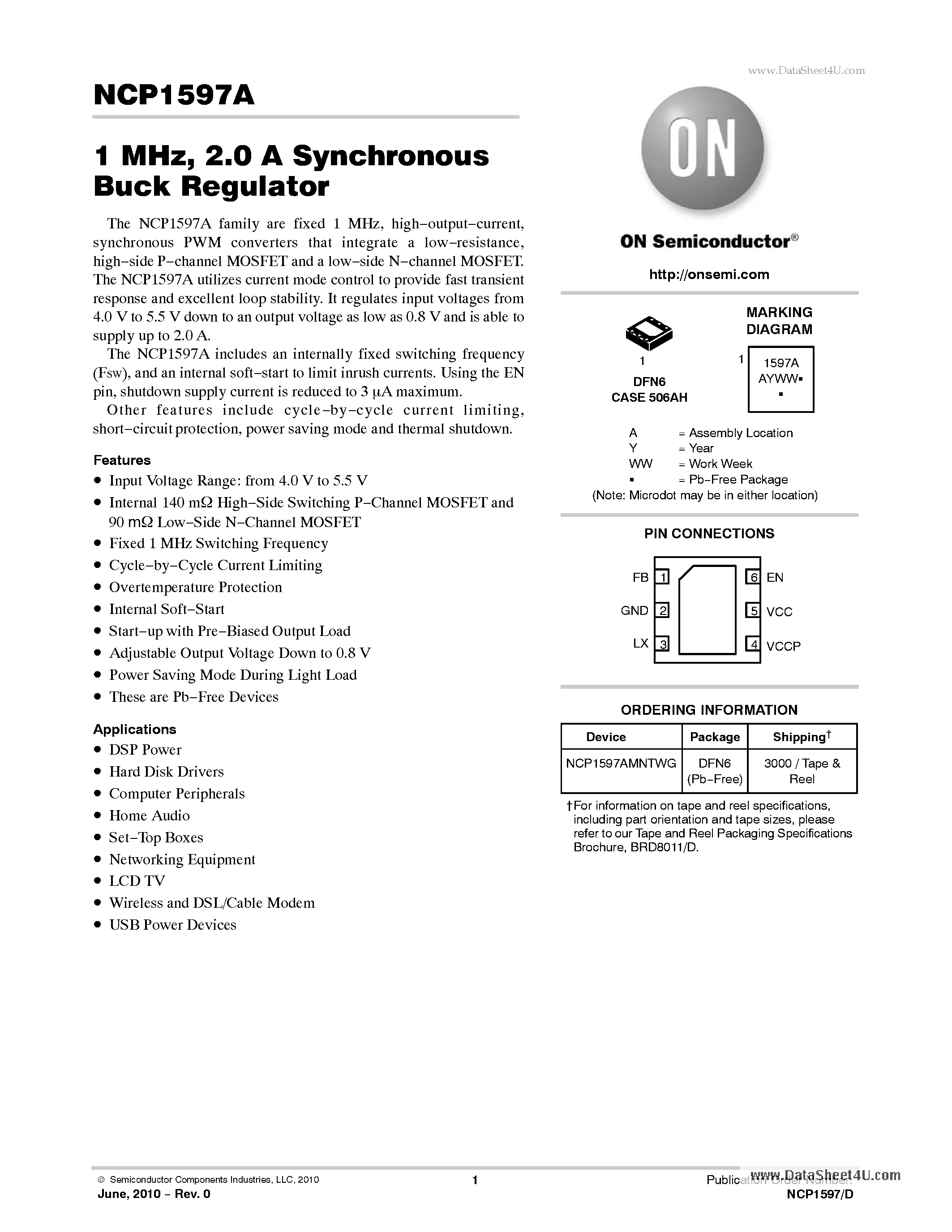 Даташит NCP1597A - 2.0 A Synchronous Buck Regulator страница 1