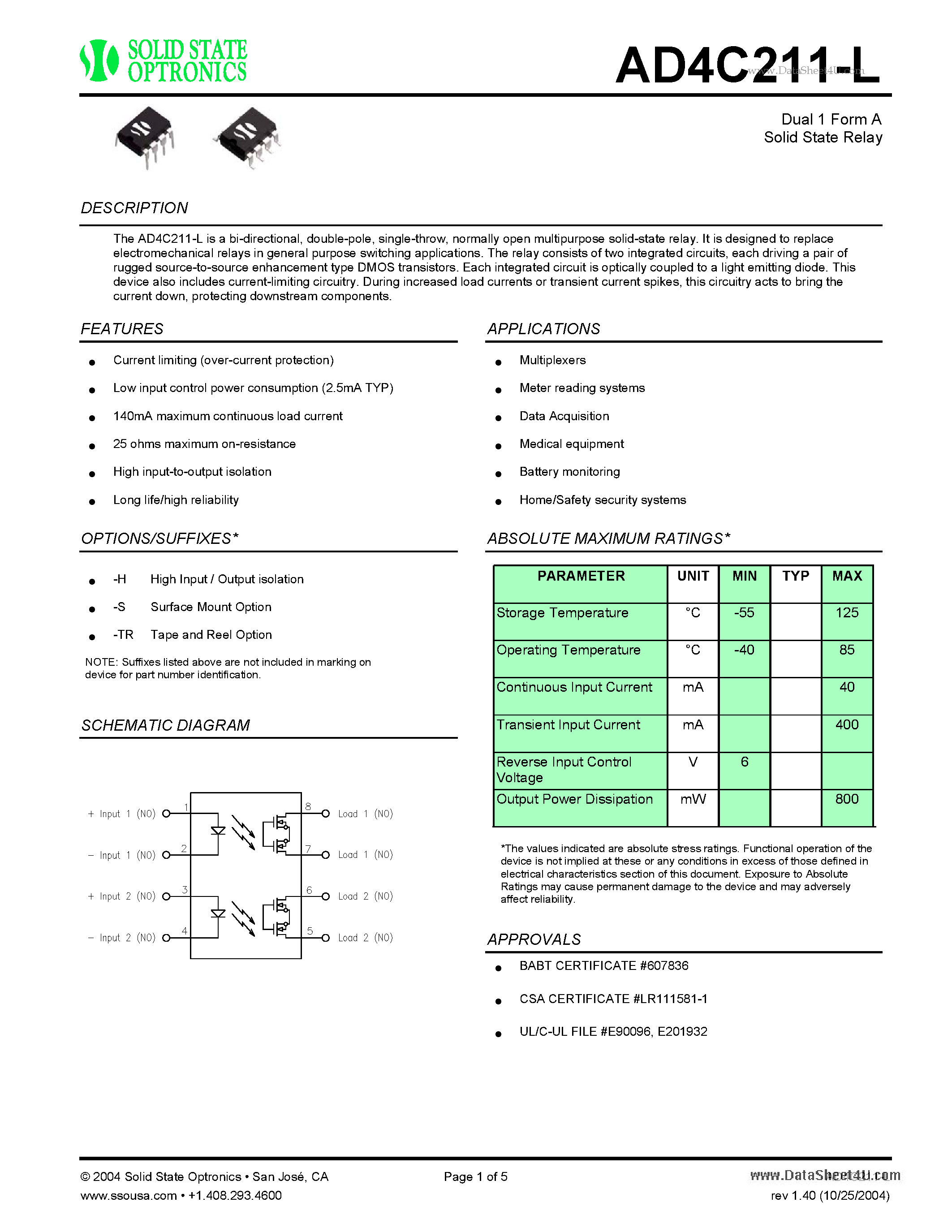 Datasheet AD4C211-L - Solid State Relay page 1