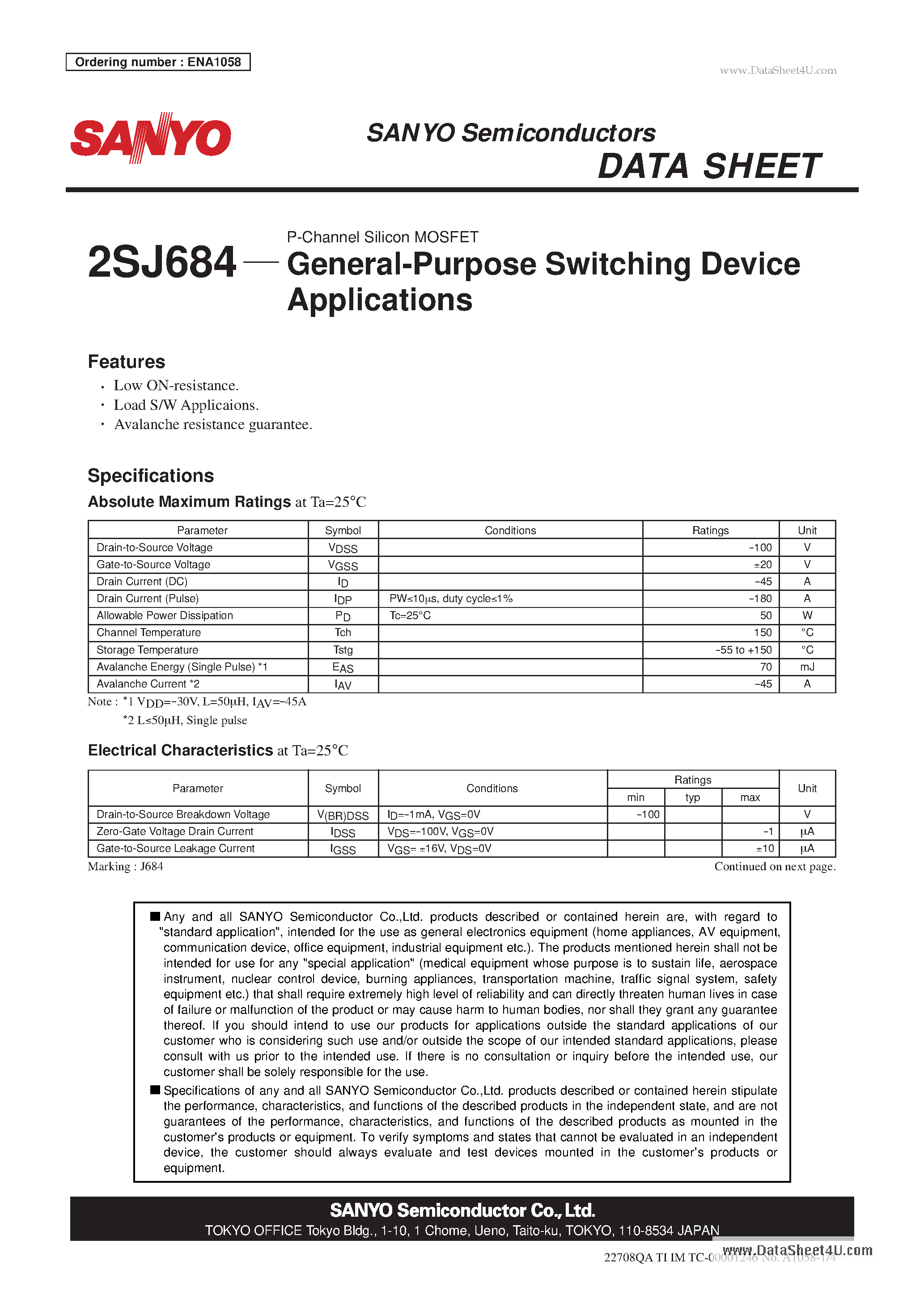 Datasheet 2SJ684 - P-Channel Silicon MOSFET General-Purpose Switching Device Applications page 1