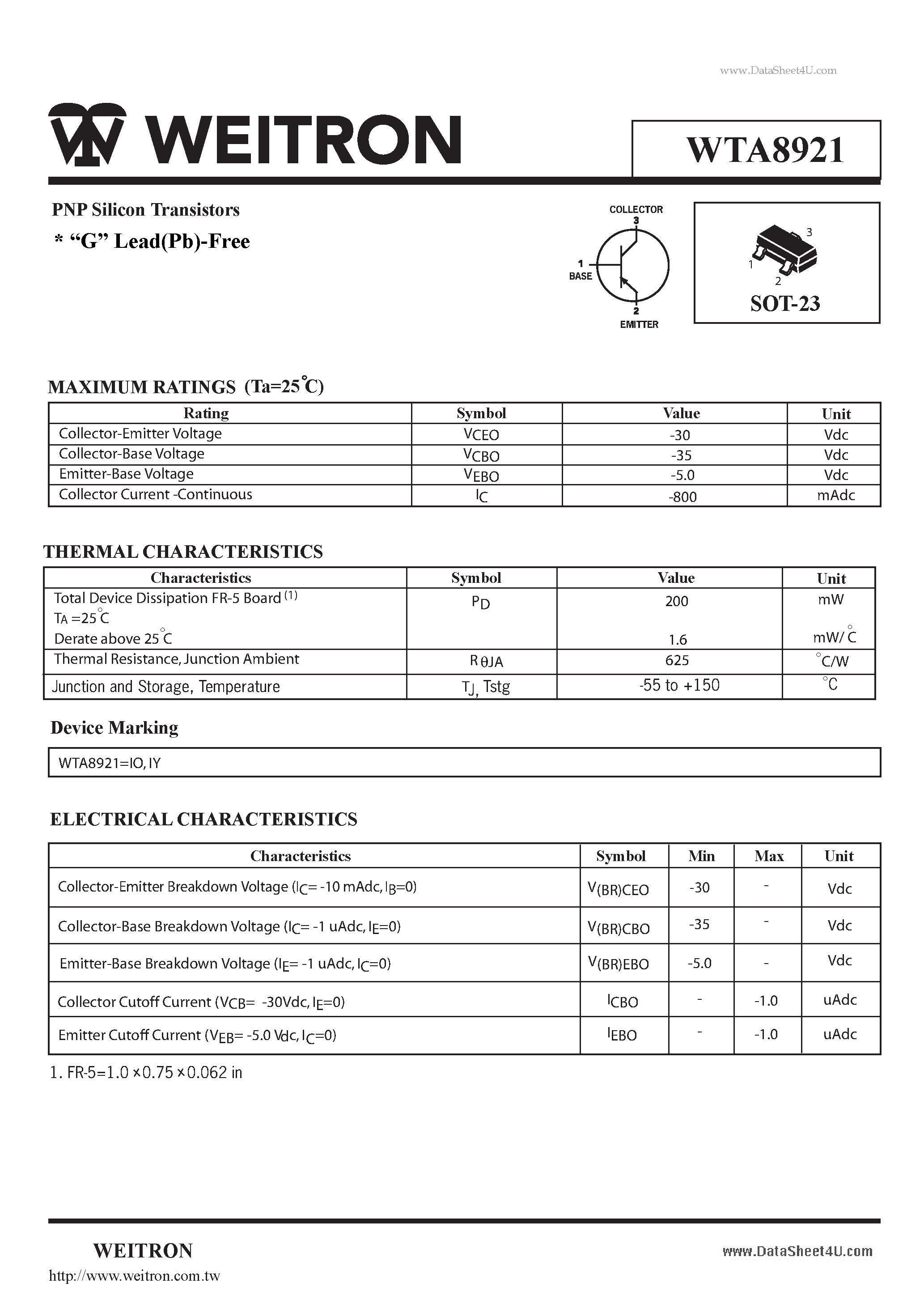 Даташит WTA8921 - PNP Silicon Transistors страница 1