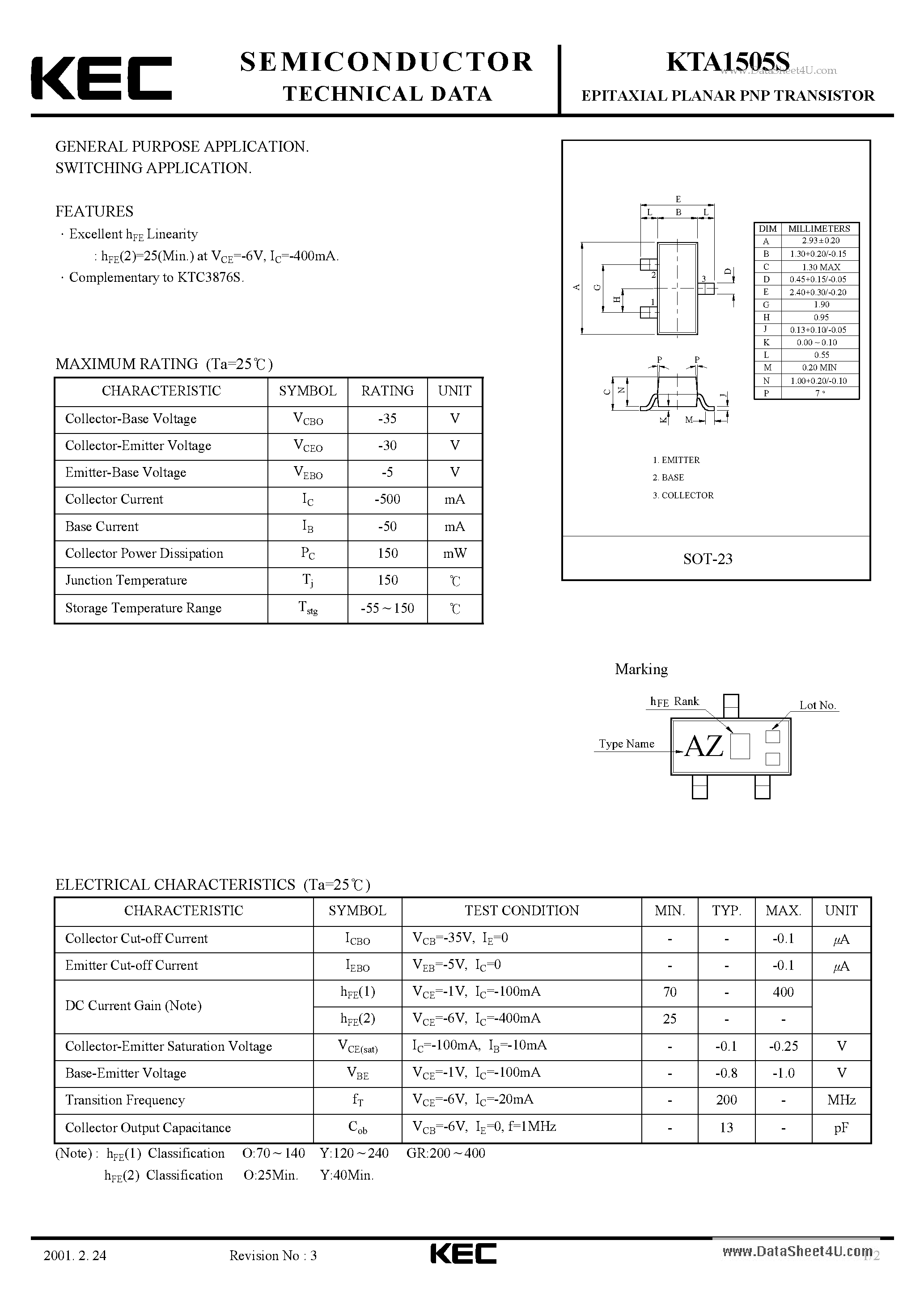 Datasheet KTA1505S - EPITAXIAL PLANAR PNP TRANSISTOR page 1