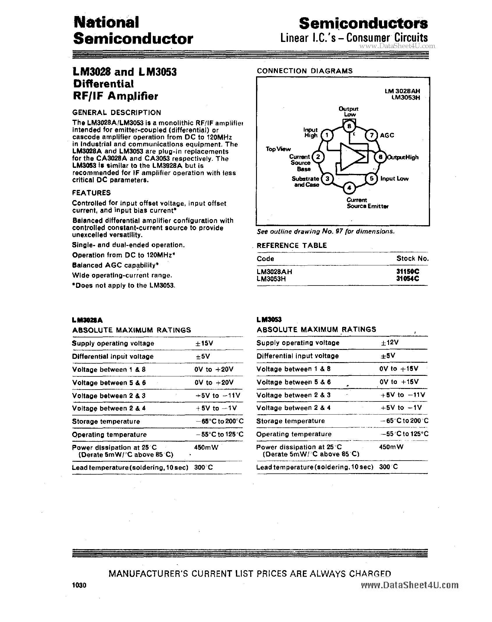 Datasheet LM3028 - Differential RF/IF Amplifier page 1