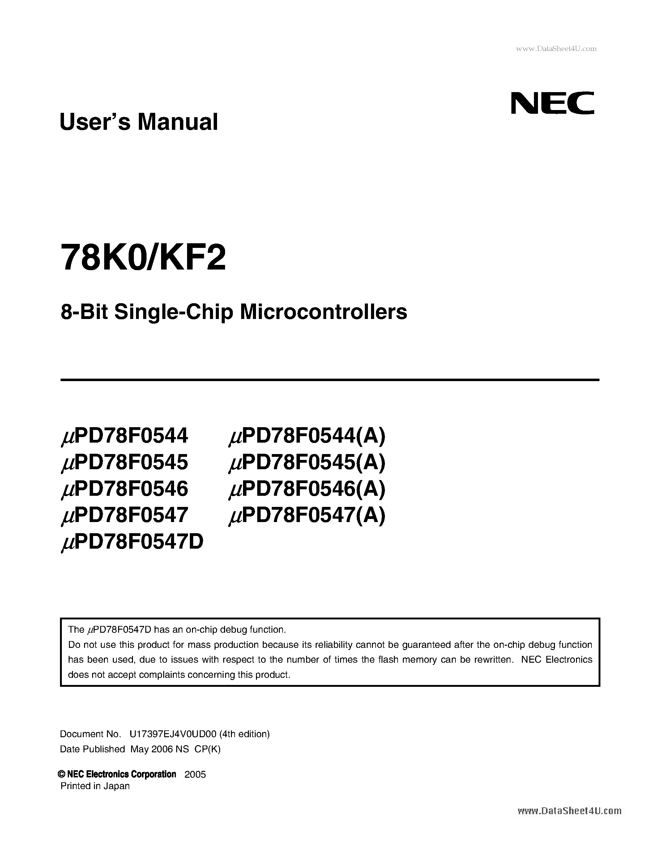 Даташит UPD78F0544 - (UPD78F054x) 8-Bit Single-Chip Microcontrollers страница 1