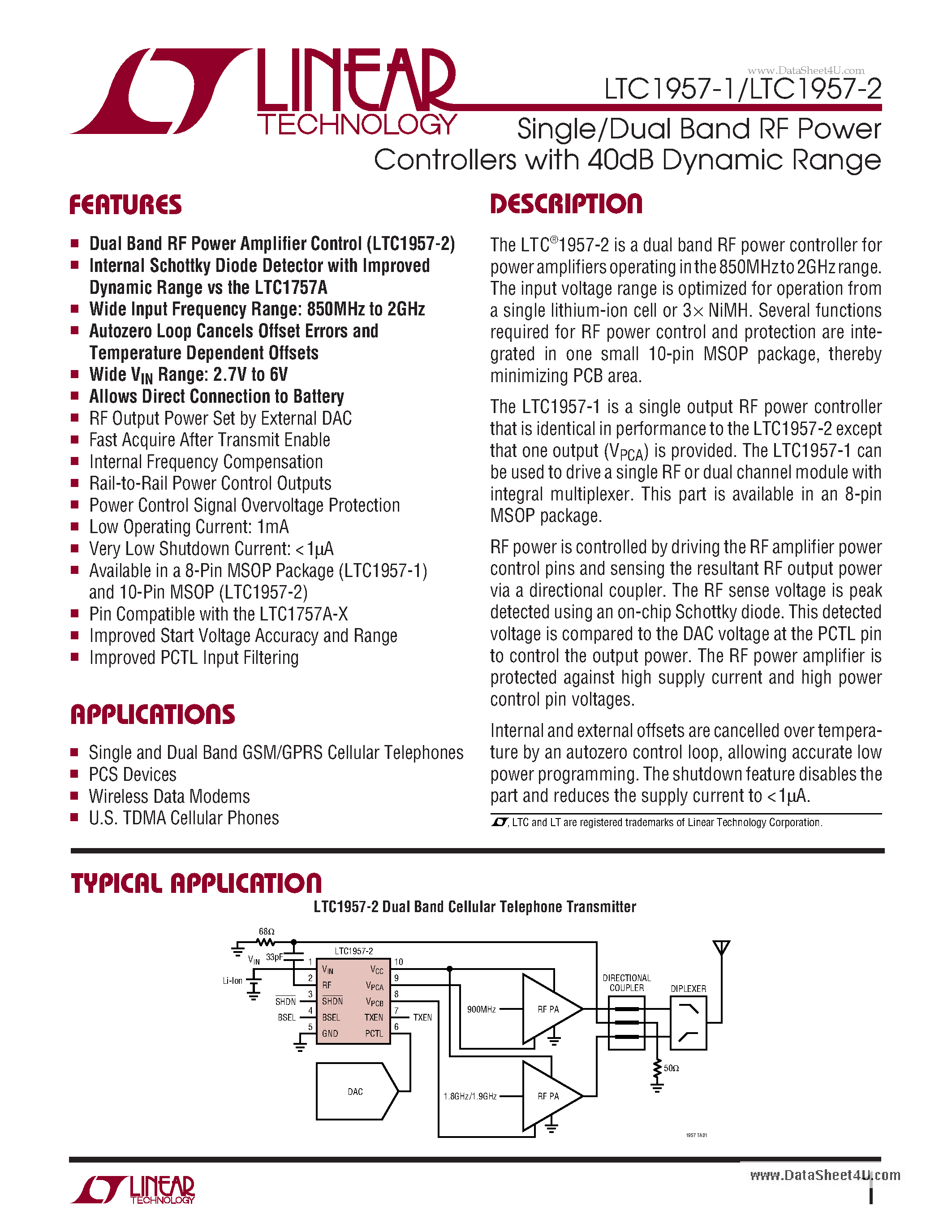 Даташит LTC1957-1 - (LTC1957-1/-2) Single/Dual Band RF Power Controllers страница 1