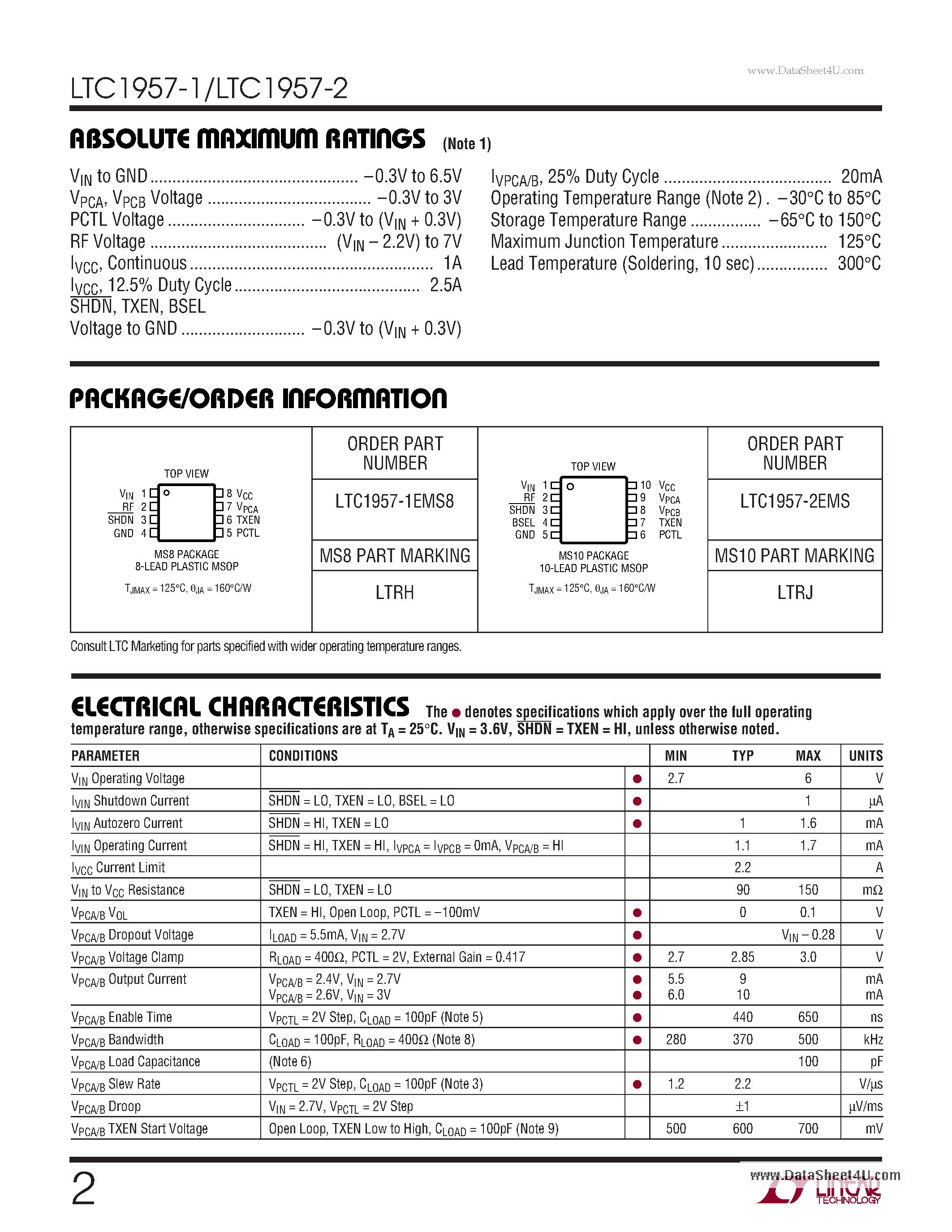 Даташит LTC1957-1 - (LTC1957-1/-2) Single/Dual Band RF Power Controllers страница 2