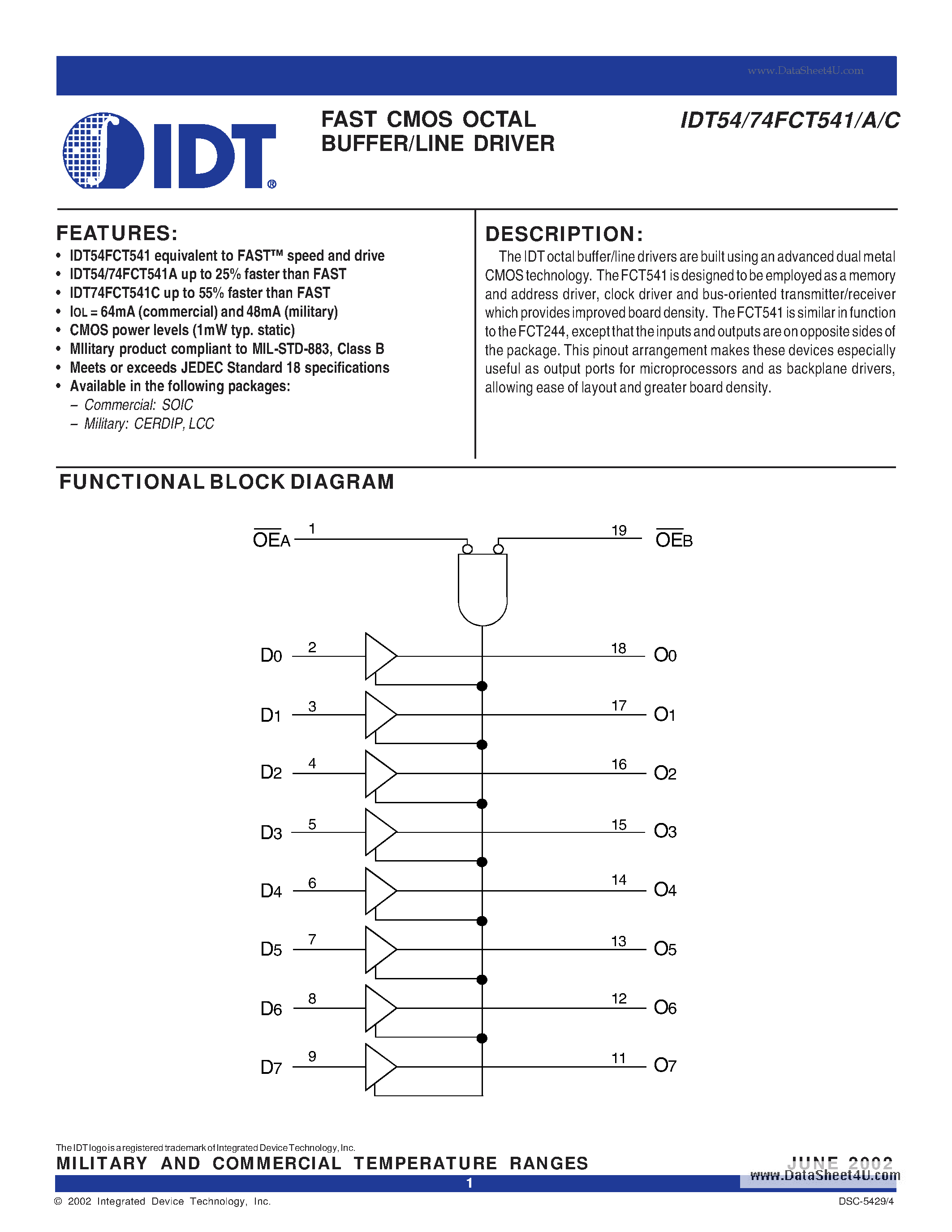 Datasheet IDT54FCT541A - (IDT54FCT541A/C) BUFFER/LINE DRIVER page 1