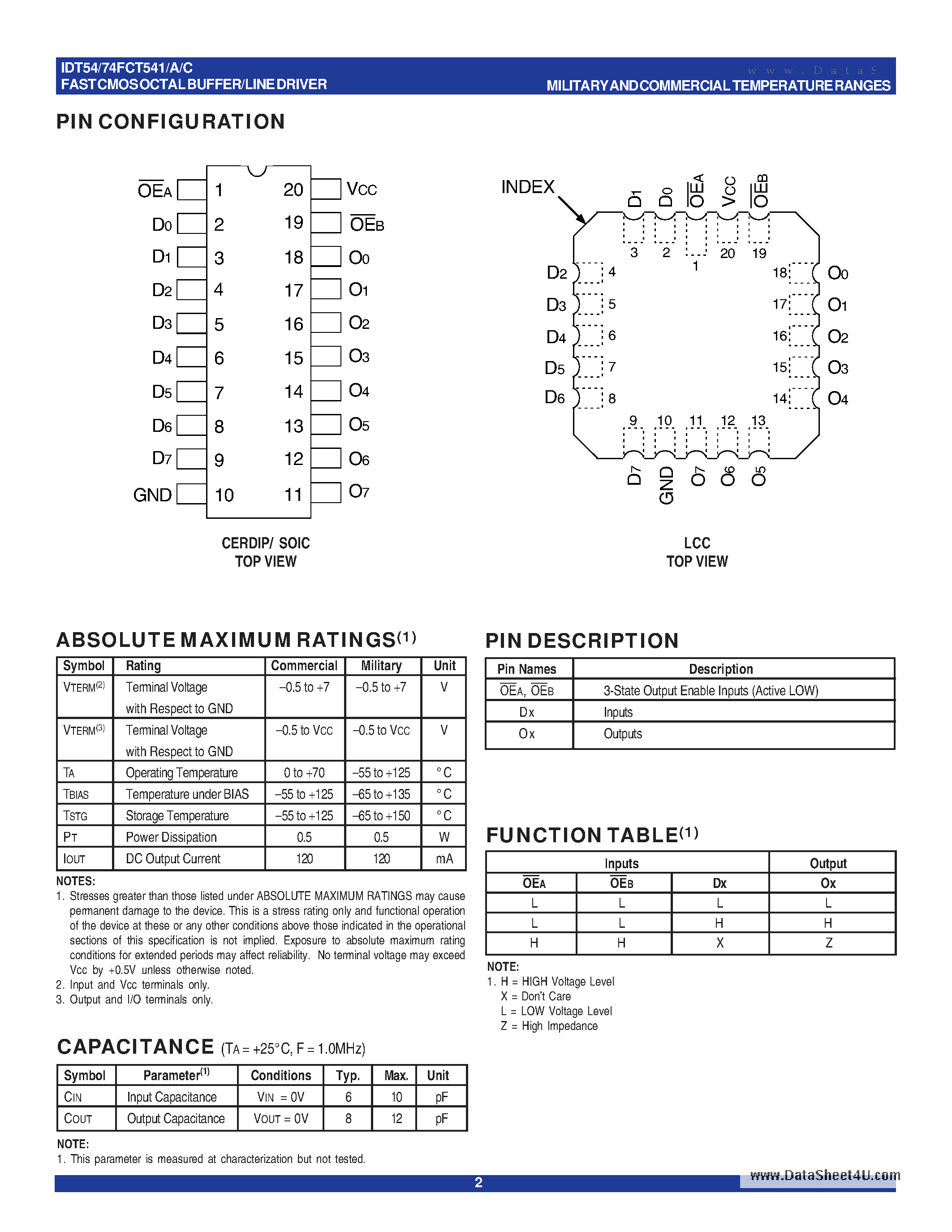 Datasheet IDT54FCT541A - (IDT54FCT541A/C) BUFFER/LINE DRIVER page 2