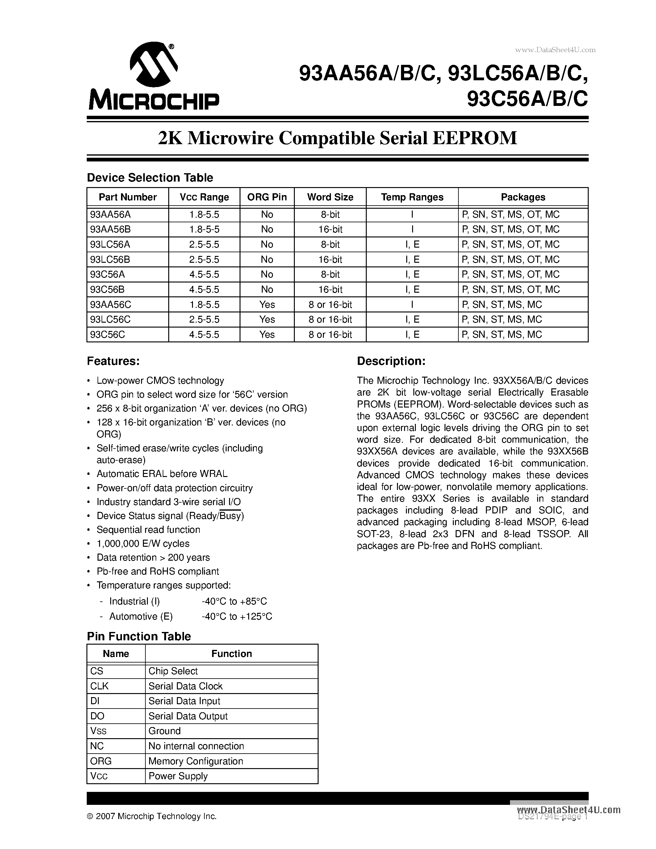 Datasheet 93AA56A - (93AA56A/B/C) 2K Microwire Compatible Serial EEPROM page 1