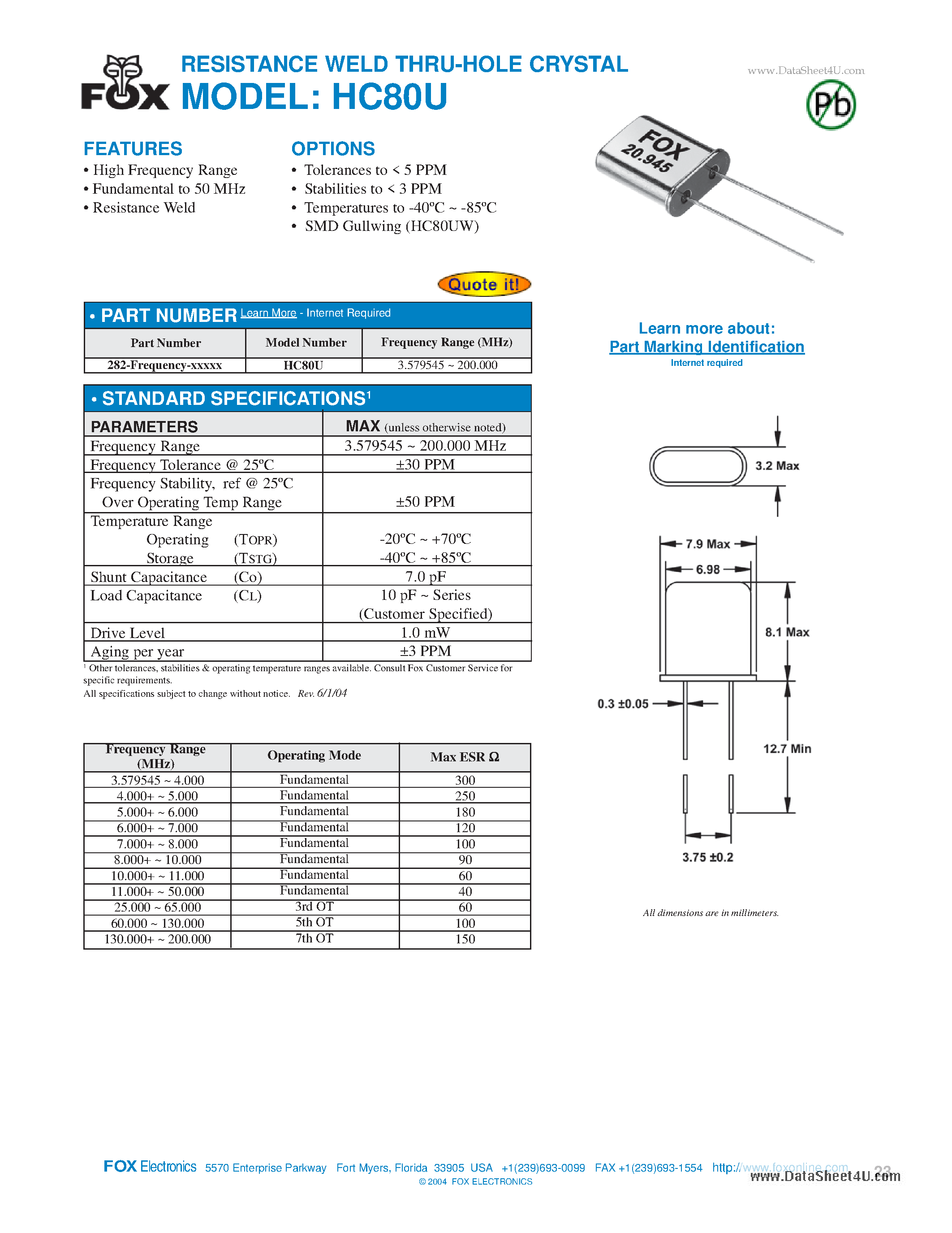 Datasheet HC80U - RESISTANCE WELD THRU-HOLE CRYSTAL page 1