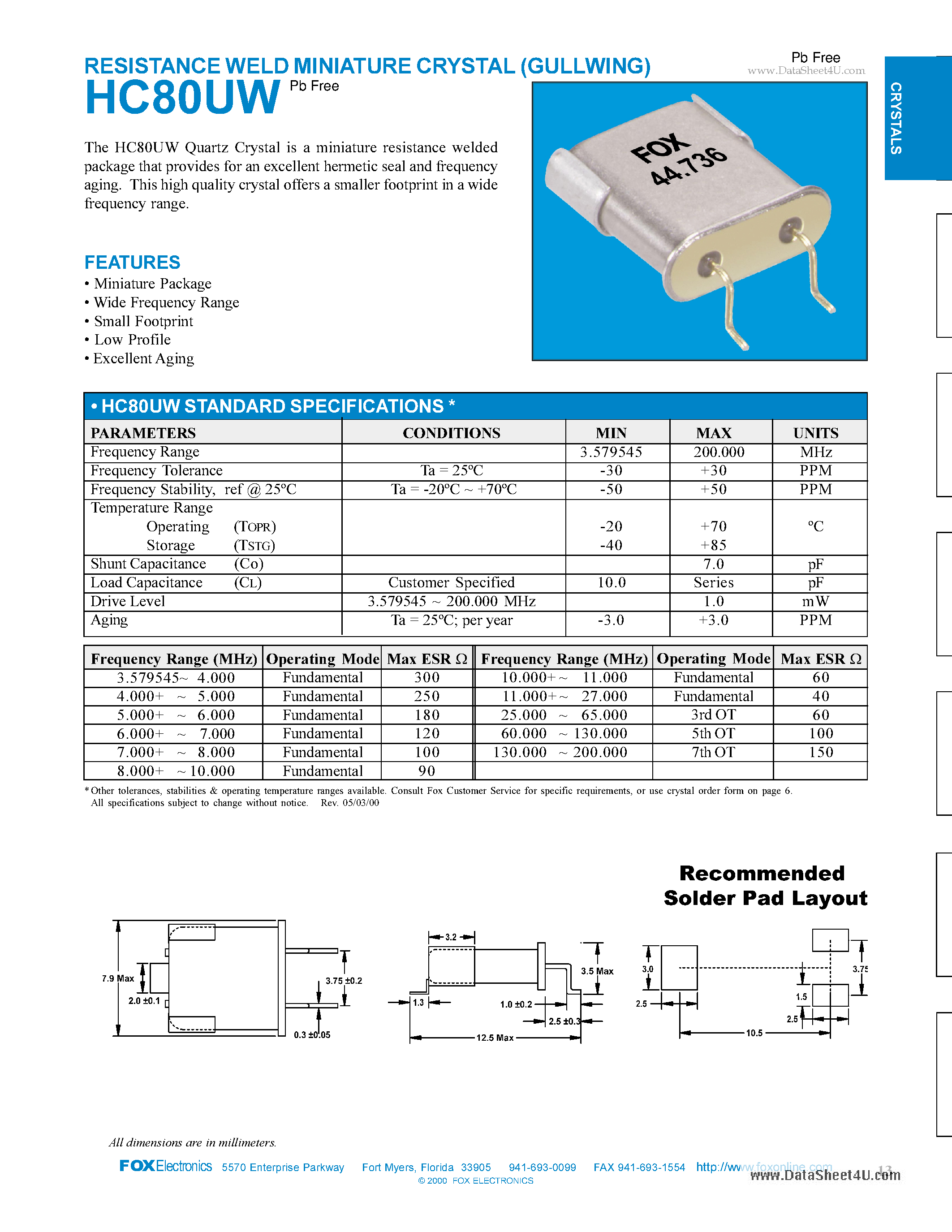 Datasheet HC80UW - RESISTANCE WELD MINIATURE CRYSTAL page 1