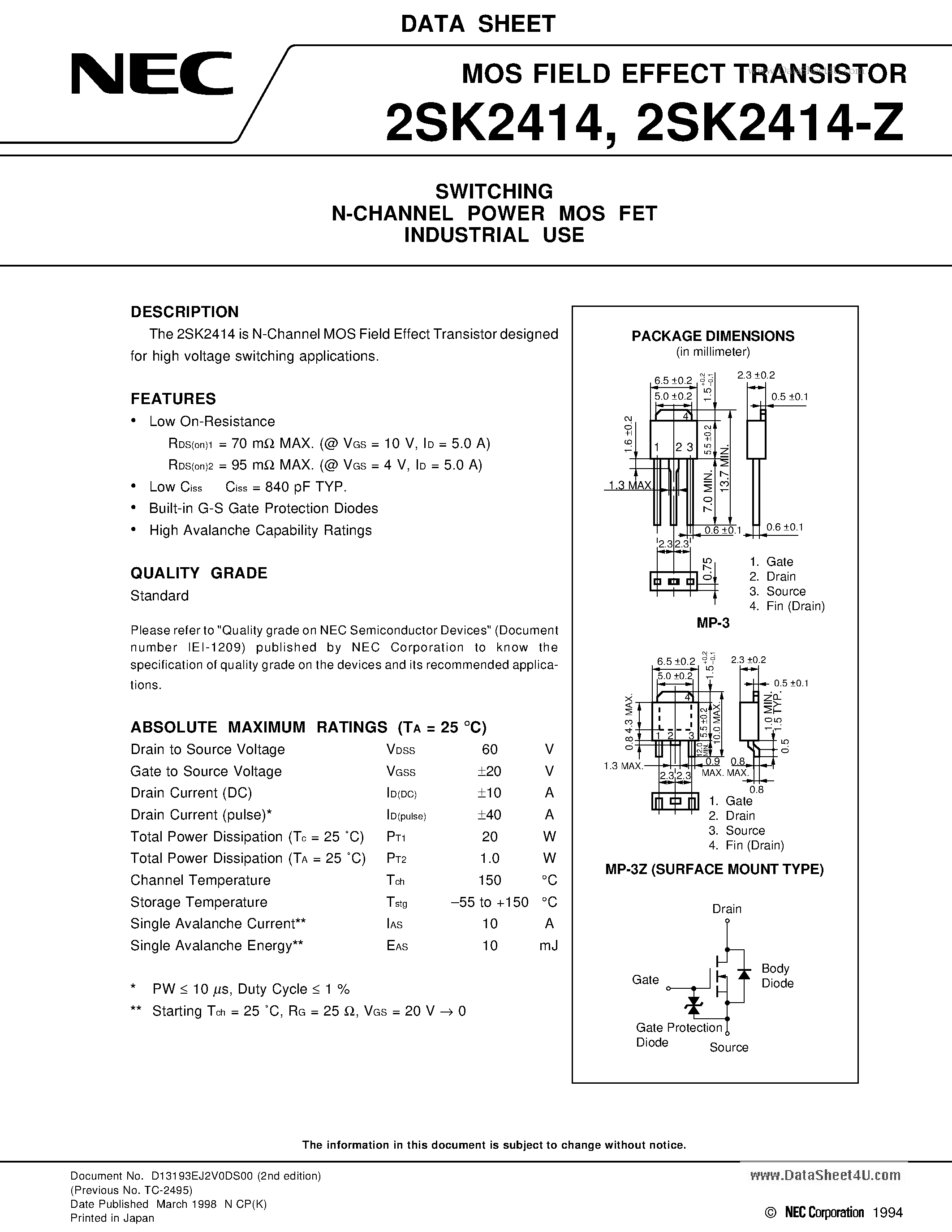 Datasheet K2414 - Search -----> 2SK2414 page 1