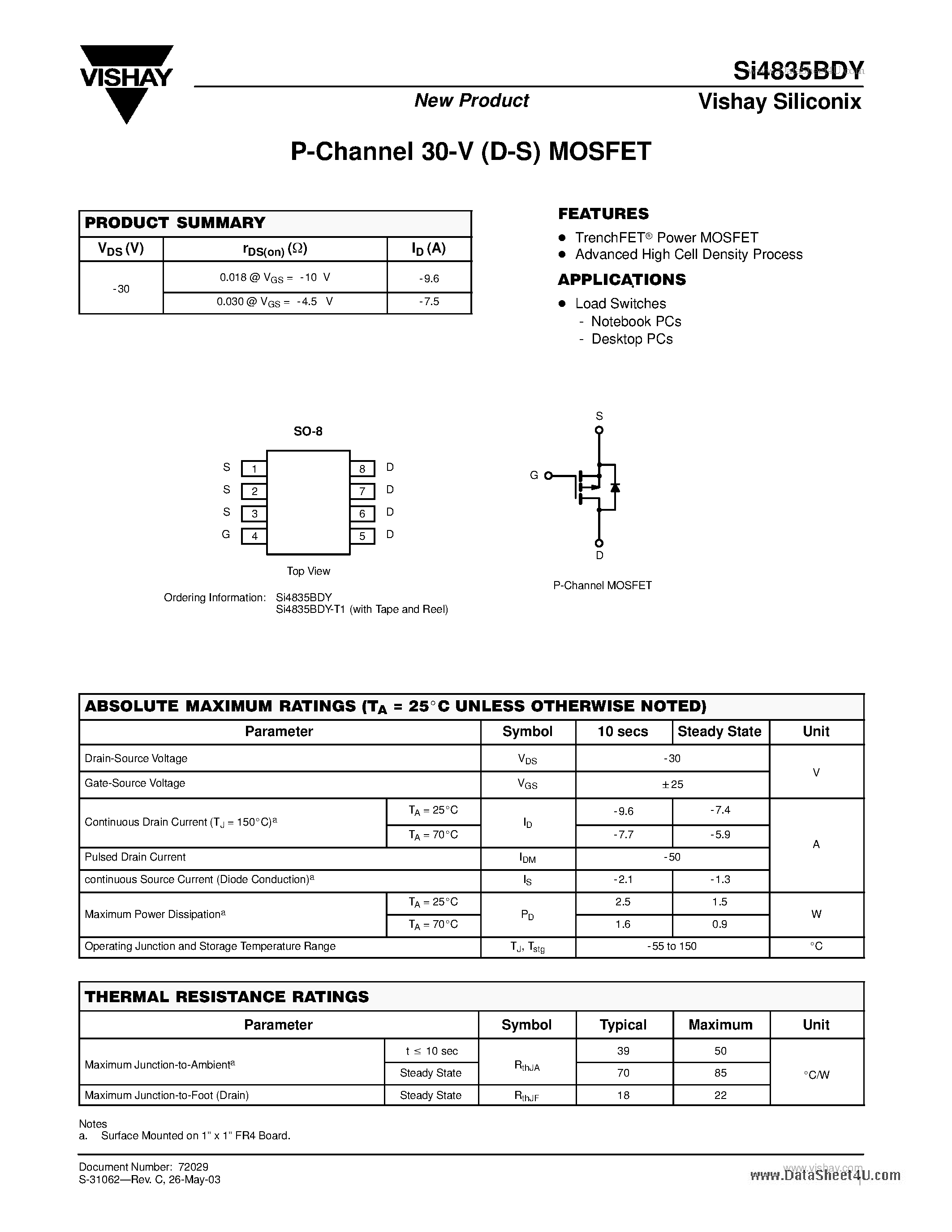 Даташит SI4835BDY - P-Channel 30-V (D-S) MOSFET страница 1