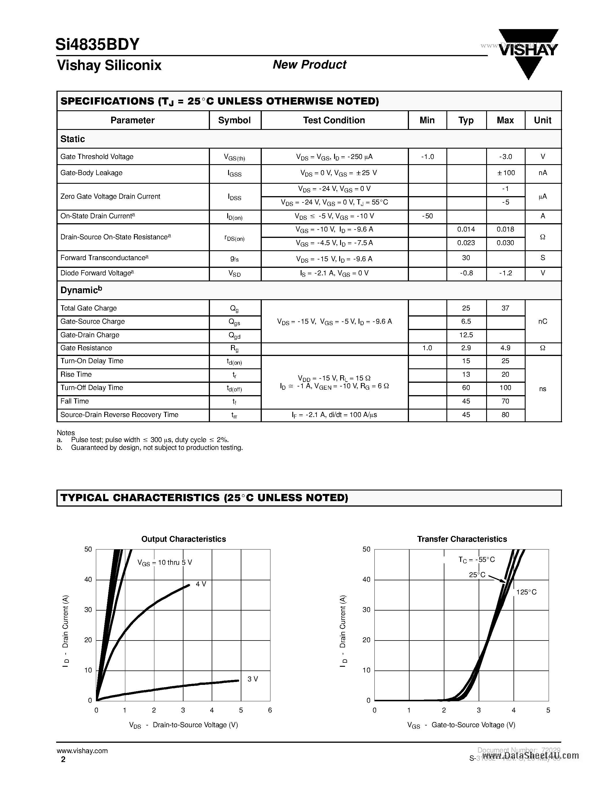 Даташит SI4835BDY - P-Channel 30-V (D-S) MOSFET страница 2