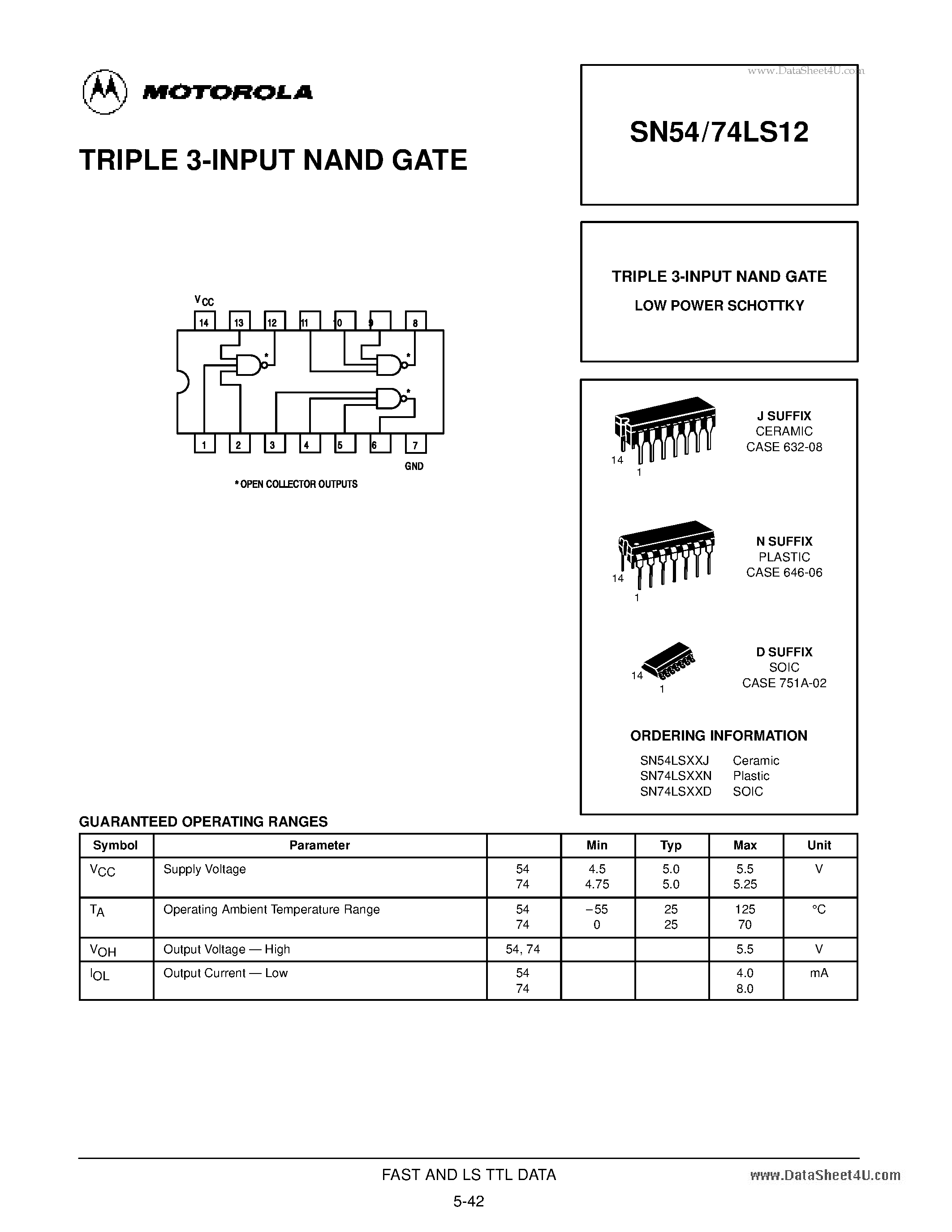 Даташит SN74LS12 - TRIPLE 3-INPUT POSITIVE-NAND GATES страница 1