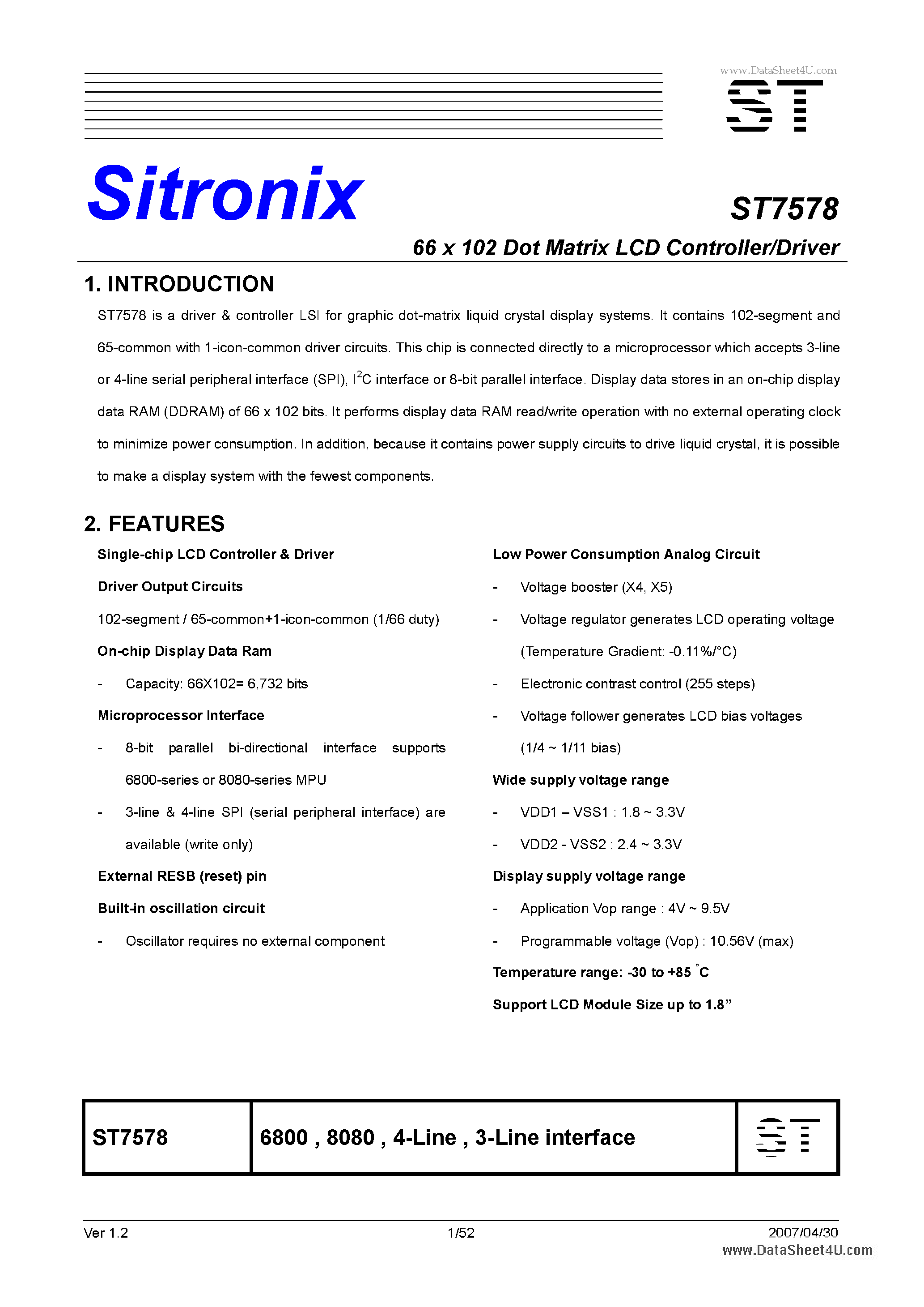 Datasheet ST7578 - Dot Matrix LCD Controller/Driver page 1