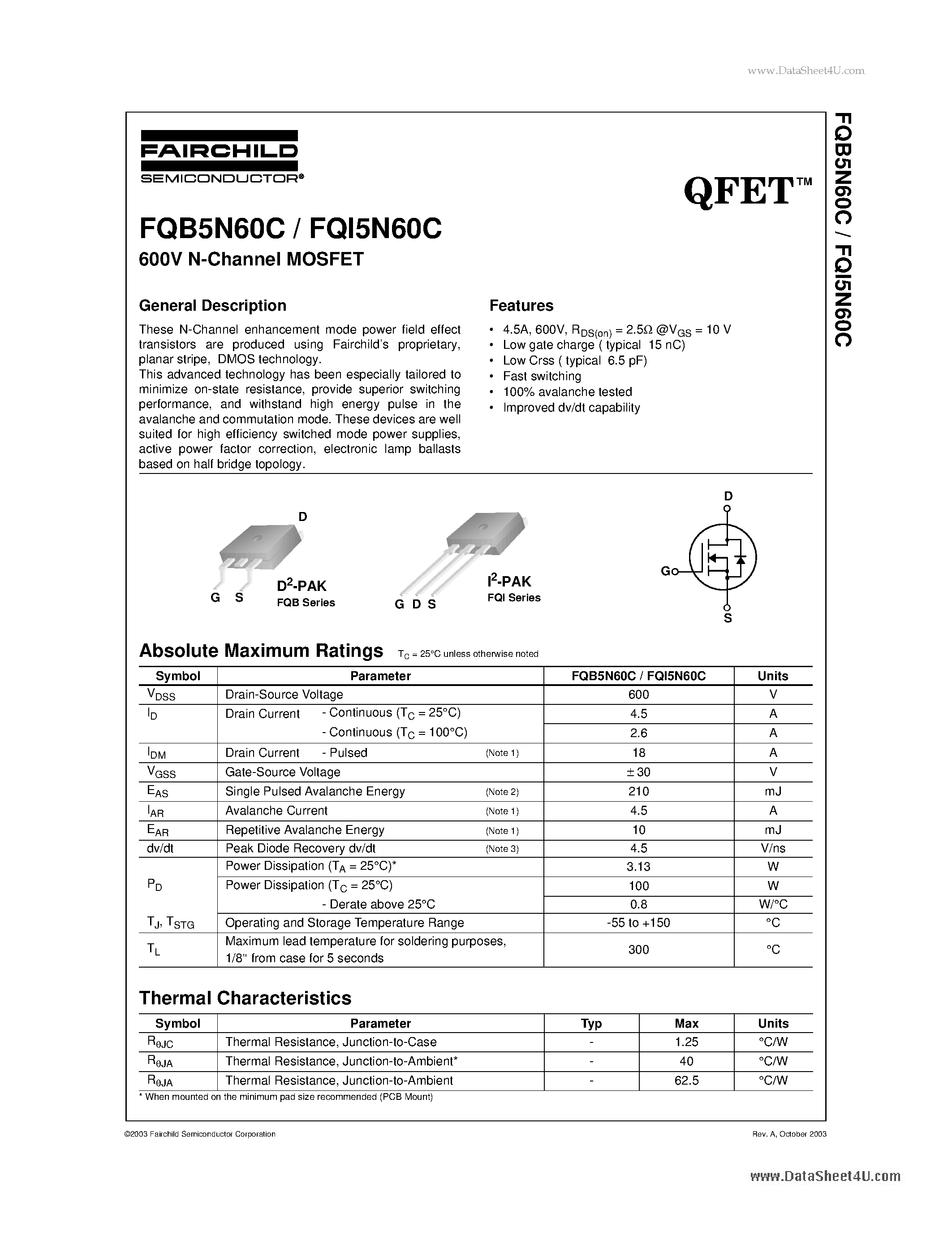 Datasheet FQB5N60C - 600V N-channel Advance QFET C-series page 1