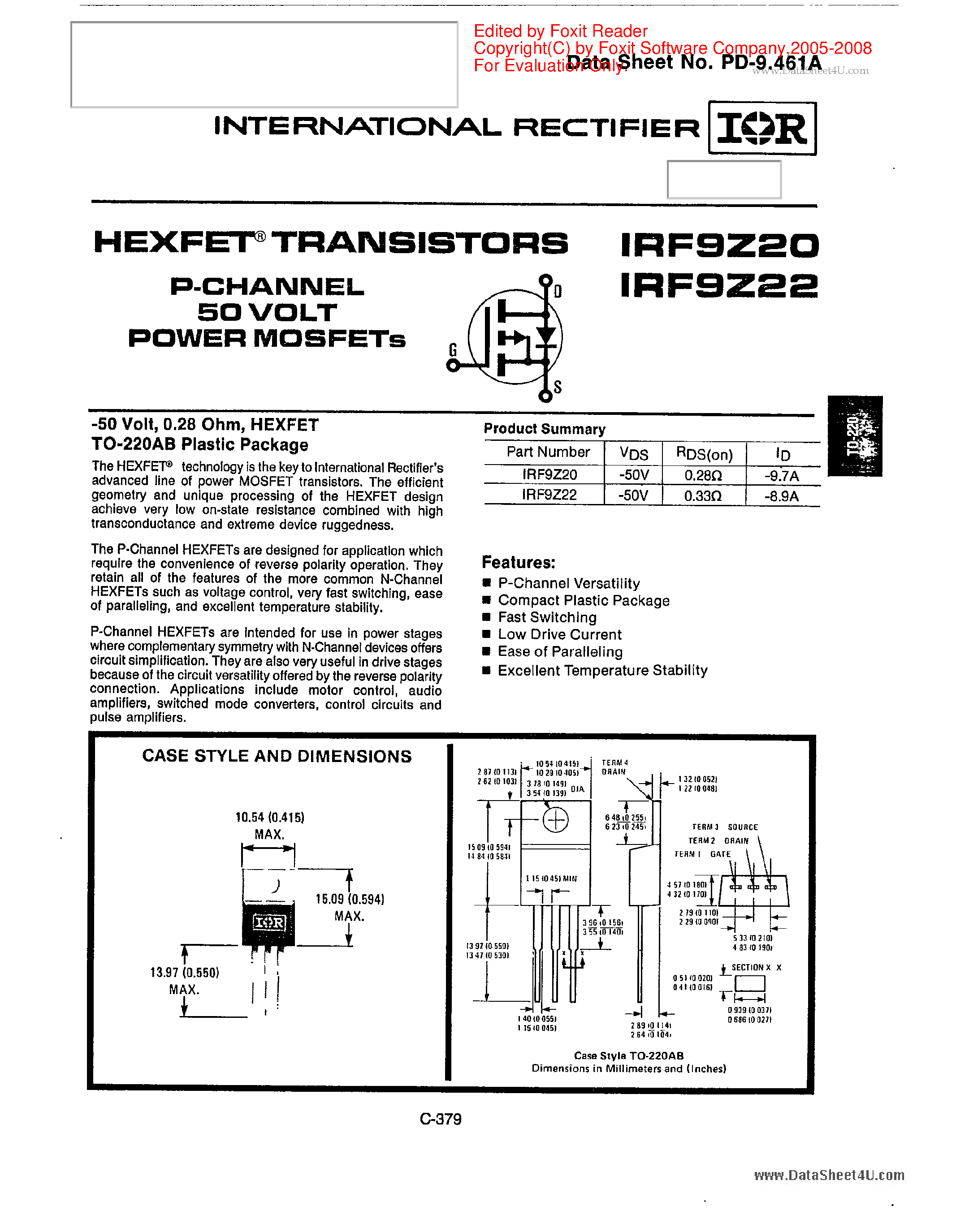 Даташит IRF9Z20 - (IRF9Z20 / IRF9Z22) P-CHANNEL 50 VOLT POWER MOSFETs страница 1