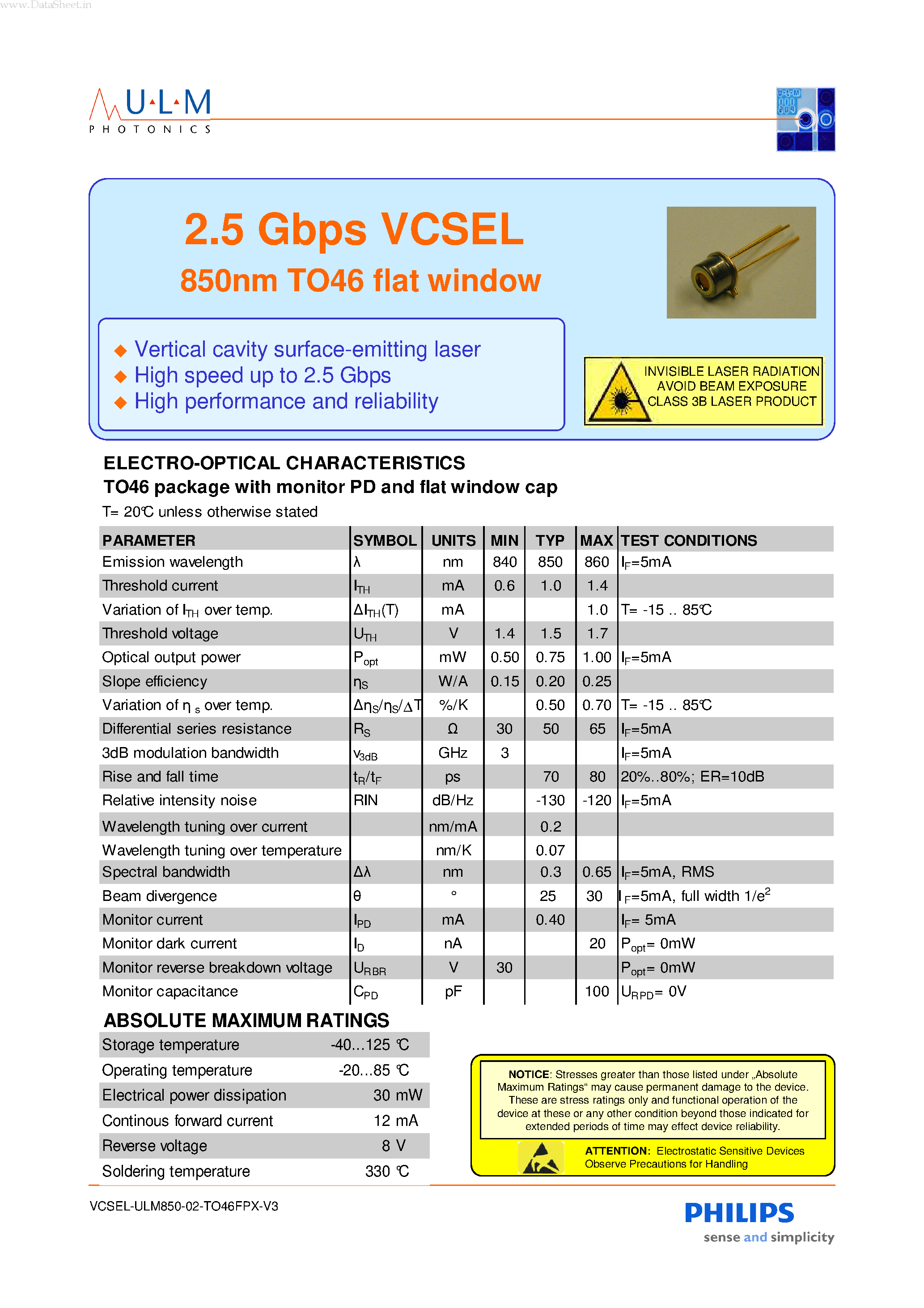 Даташит ULM850-02-TT-C46FPN - 2.5 Gbps VCSEL страница 1