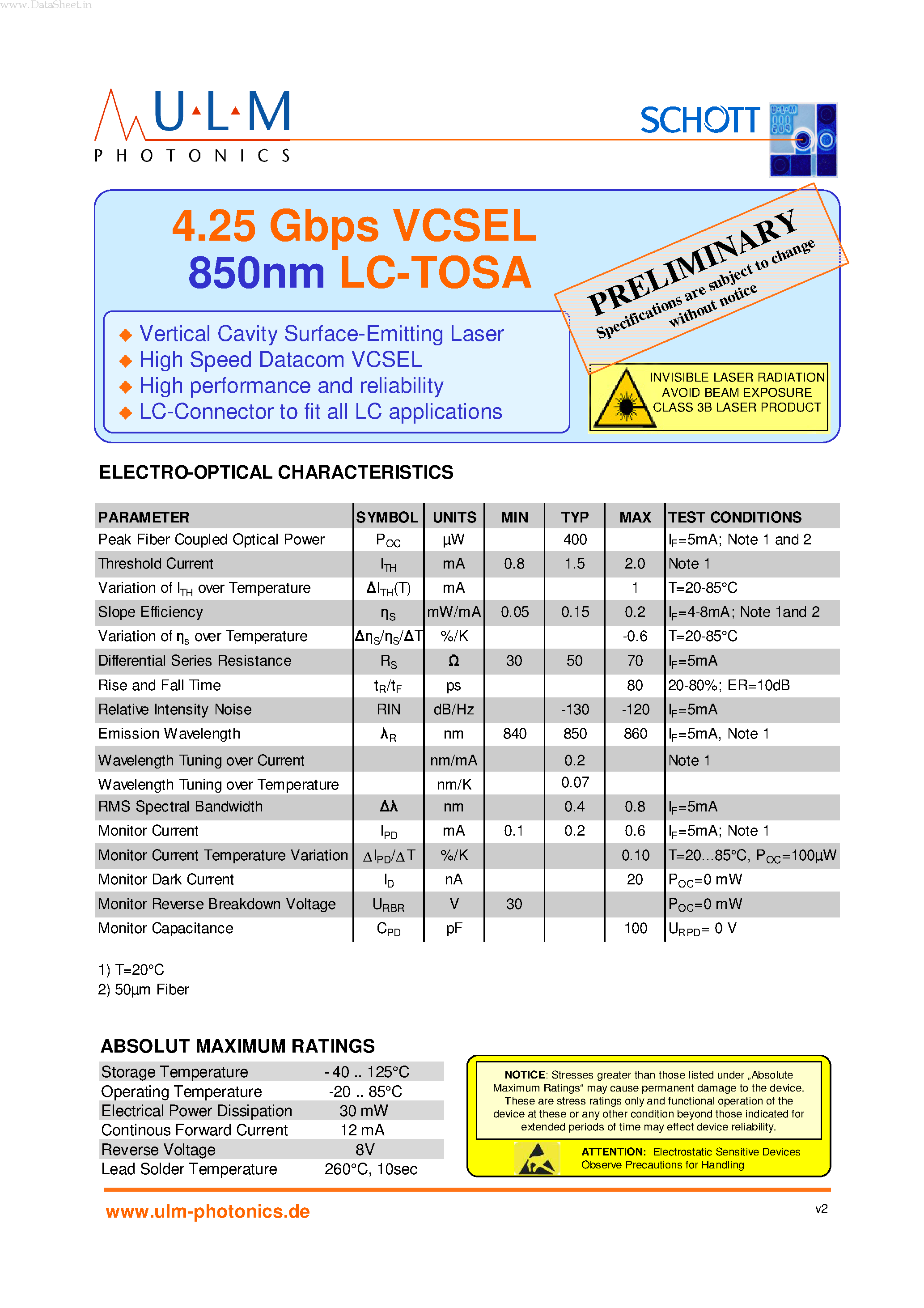 Datasheet ULM850-04-TN-ULCBPN - 4.25 Gbps VCSEL 850nm LC-TOSA page 1