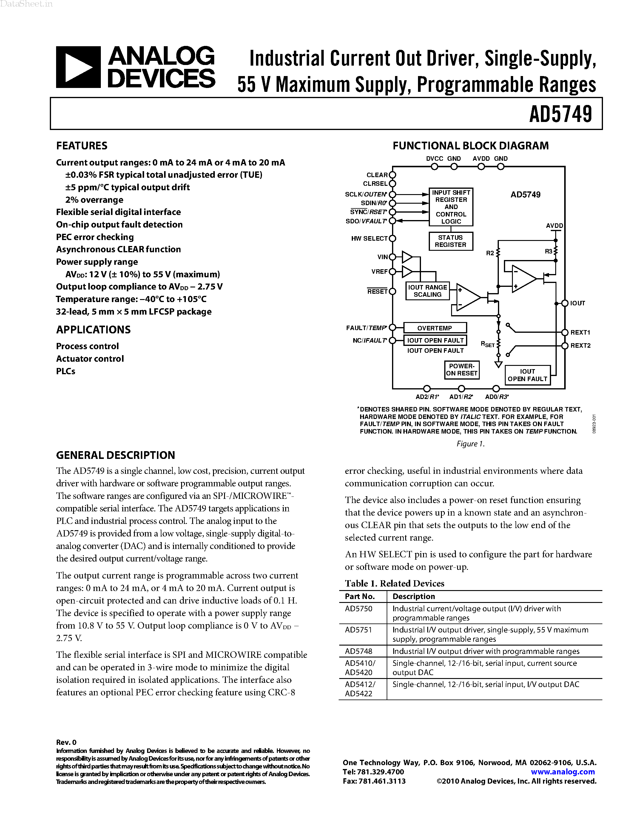 Datasheet AD5749 - Industrial Current Out Drive page 1