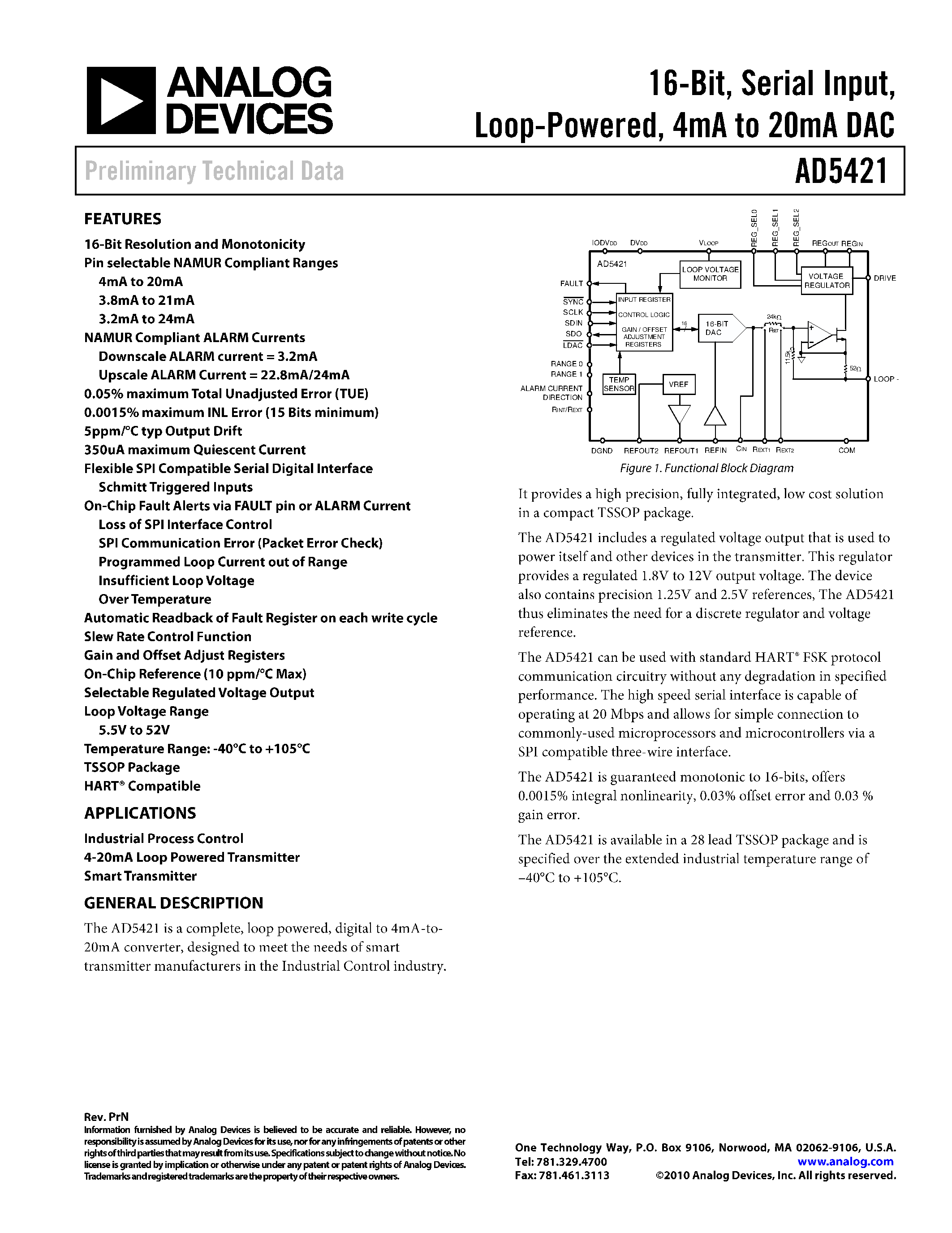 Datasheet AD5421 - 4mA to 20mA DAC page 1