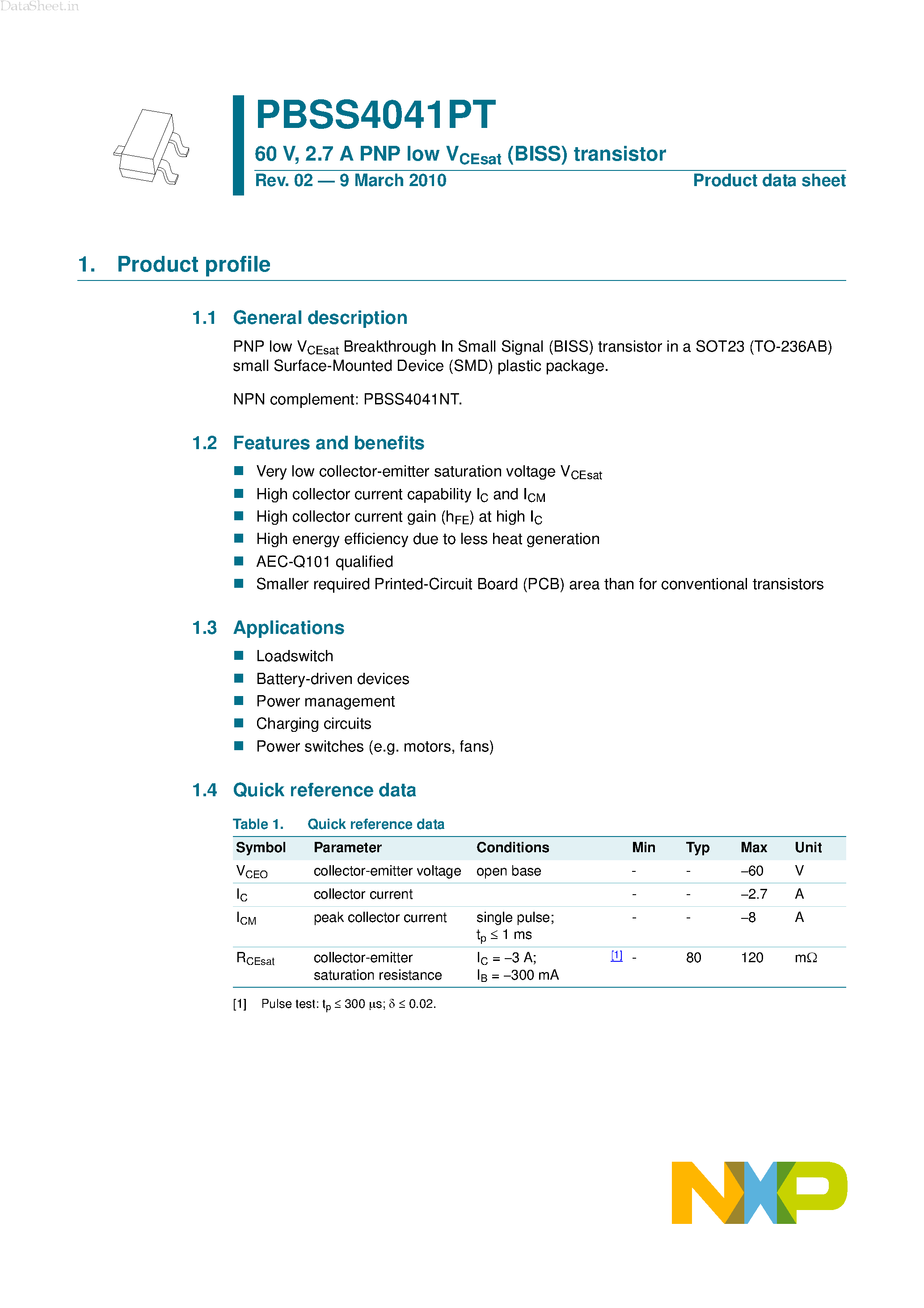 Даташит PBSS4041PT - 2.7A PNP low VCEsat (BISS) transistor страница 1