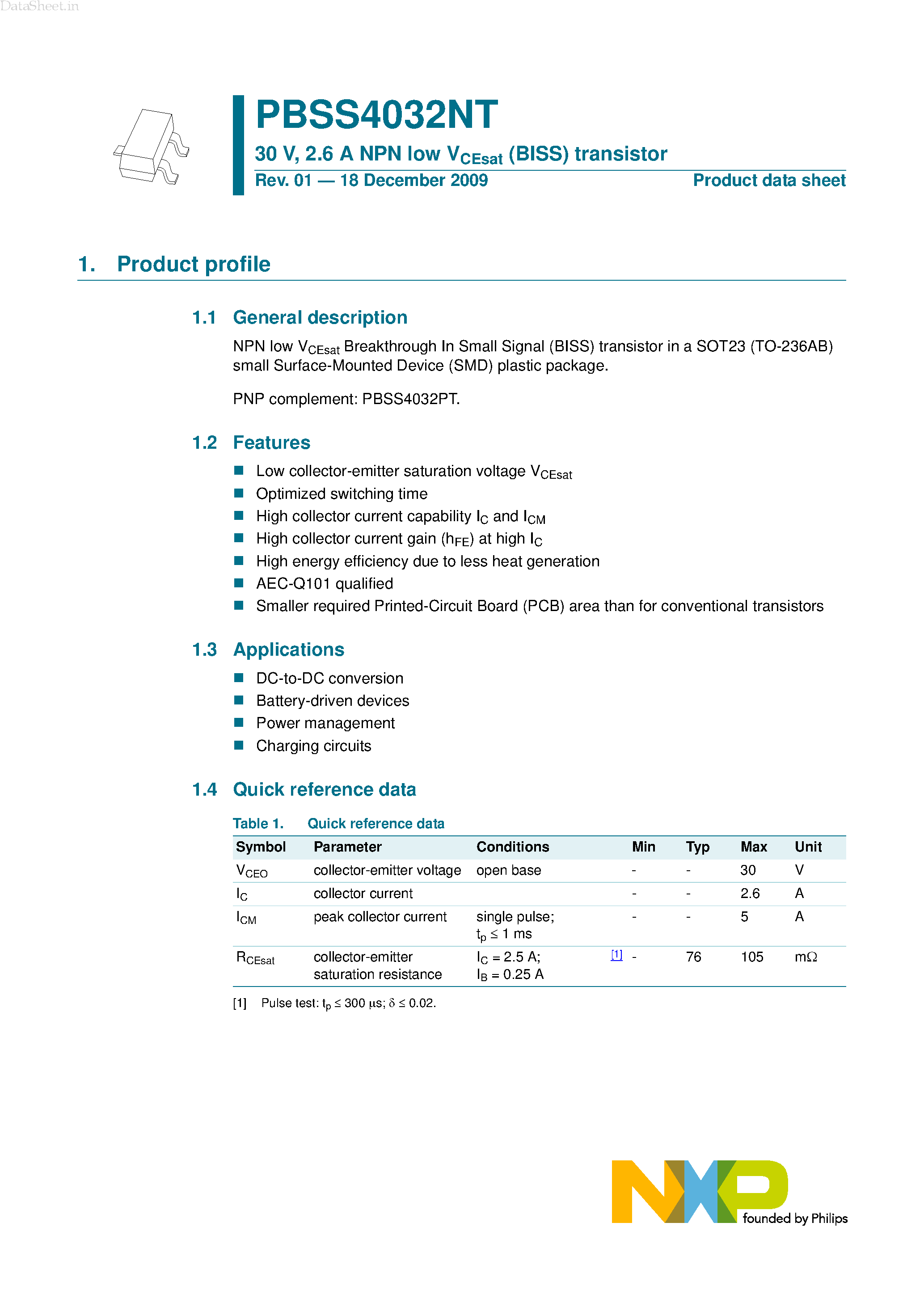 Даташит PBSS4032NT - 2.6A NPN low VCEsat (BISS) transistor страница 1