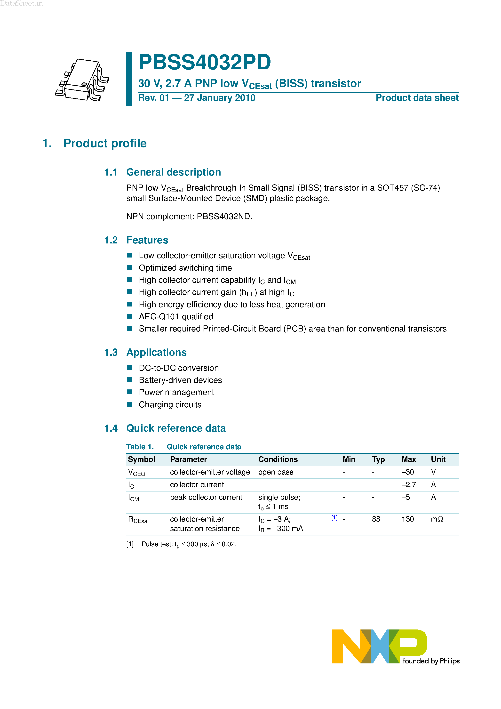 Даташит PBSS4032PD - 2.7A PNP low VCEsat (BISS) transistor страница 1