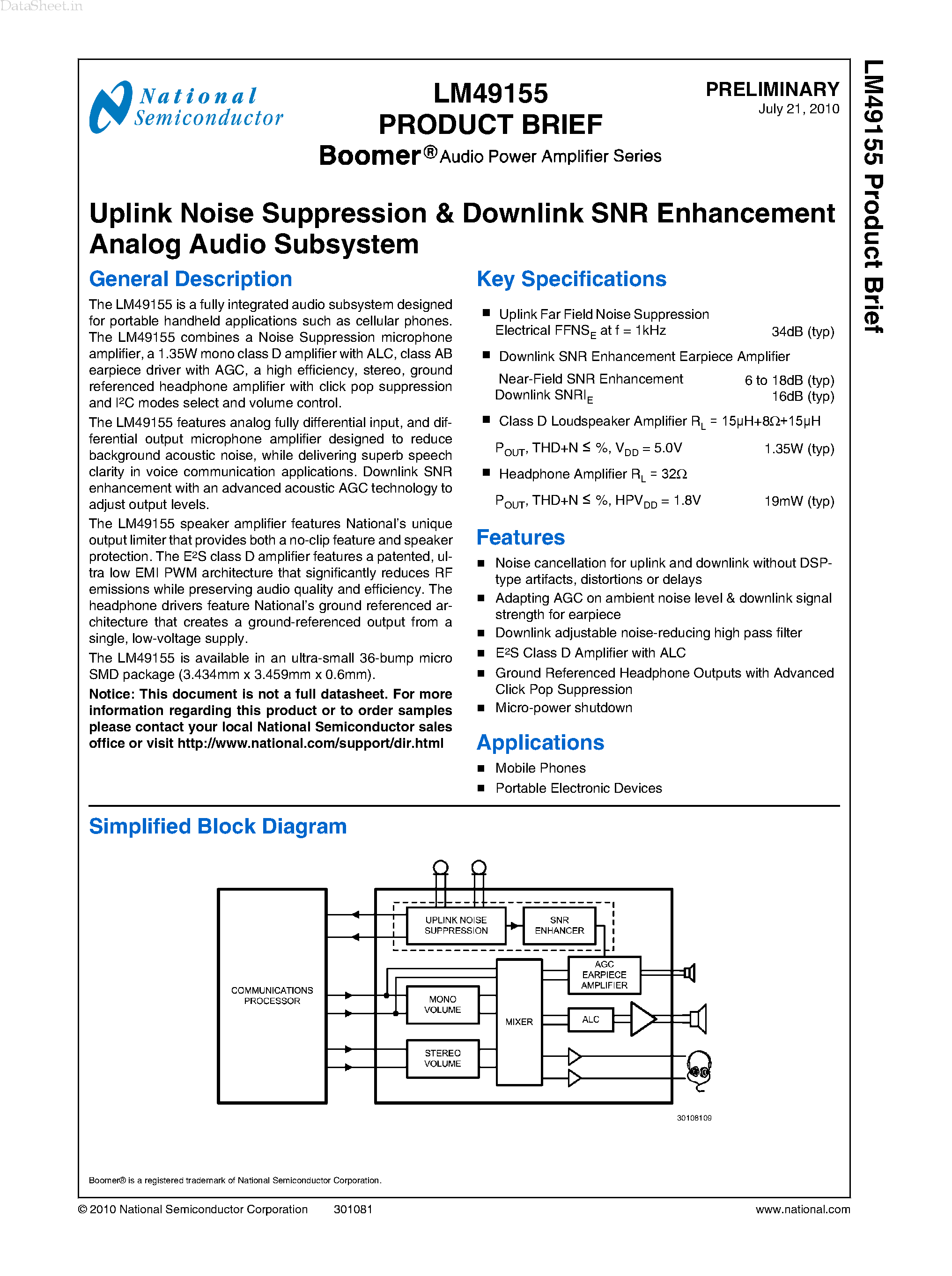 Даташит LM49155 - Uplink Noise Suppression & Downlink SNR Enhancement Analog Audio Subsystem страница 1