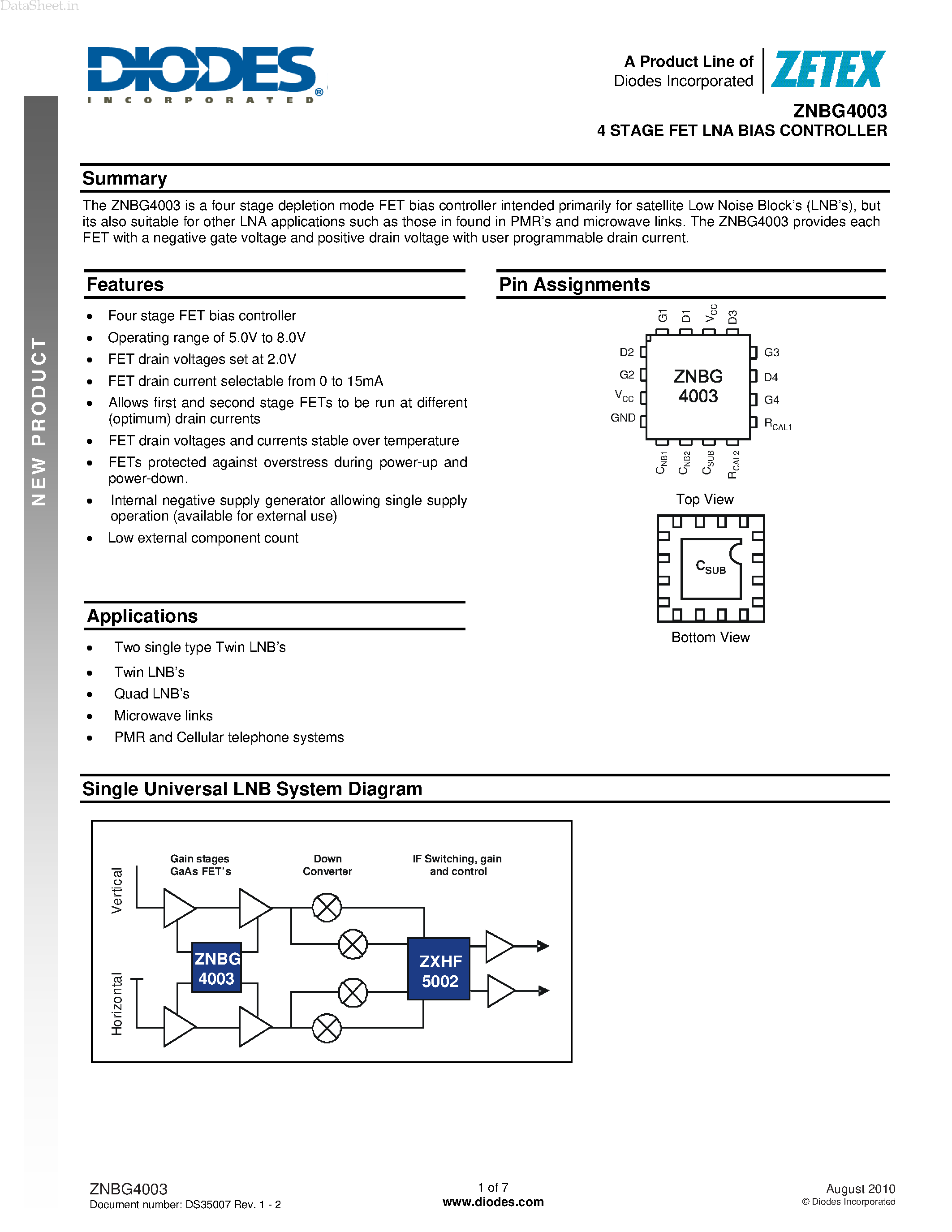 Datasheet ZNBG4003 - 4 STAGE FET LNA BIAS CONTROLLER page 1