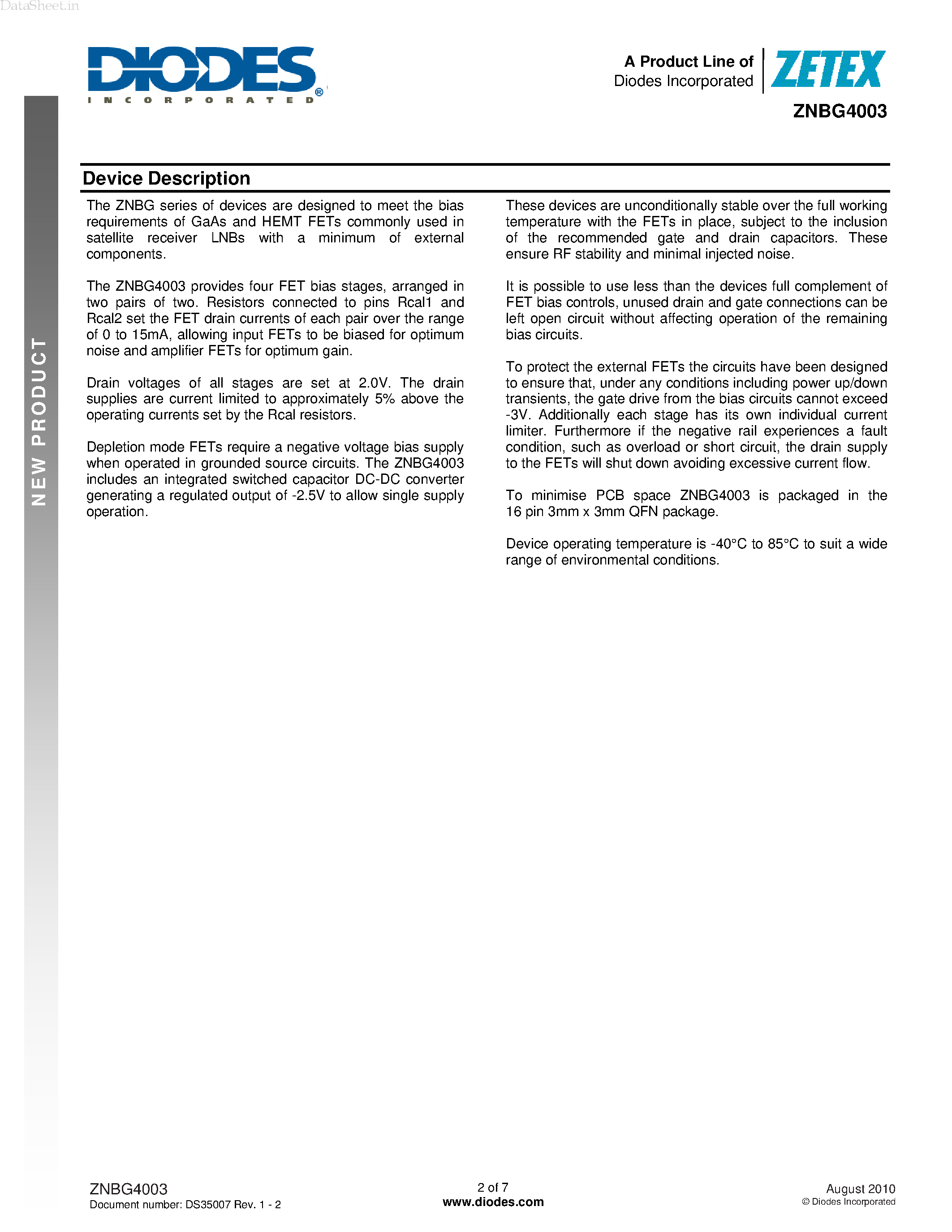 Datasheet ZNBG4003 - 4 STAGE FET LNA BIAS CONTROLLER page 2