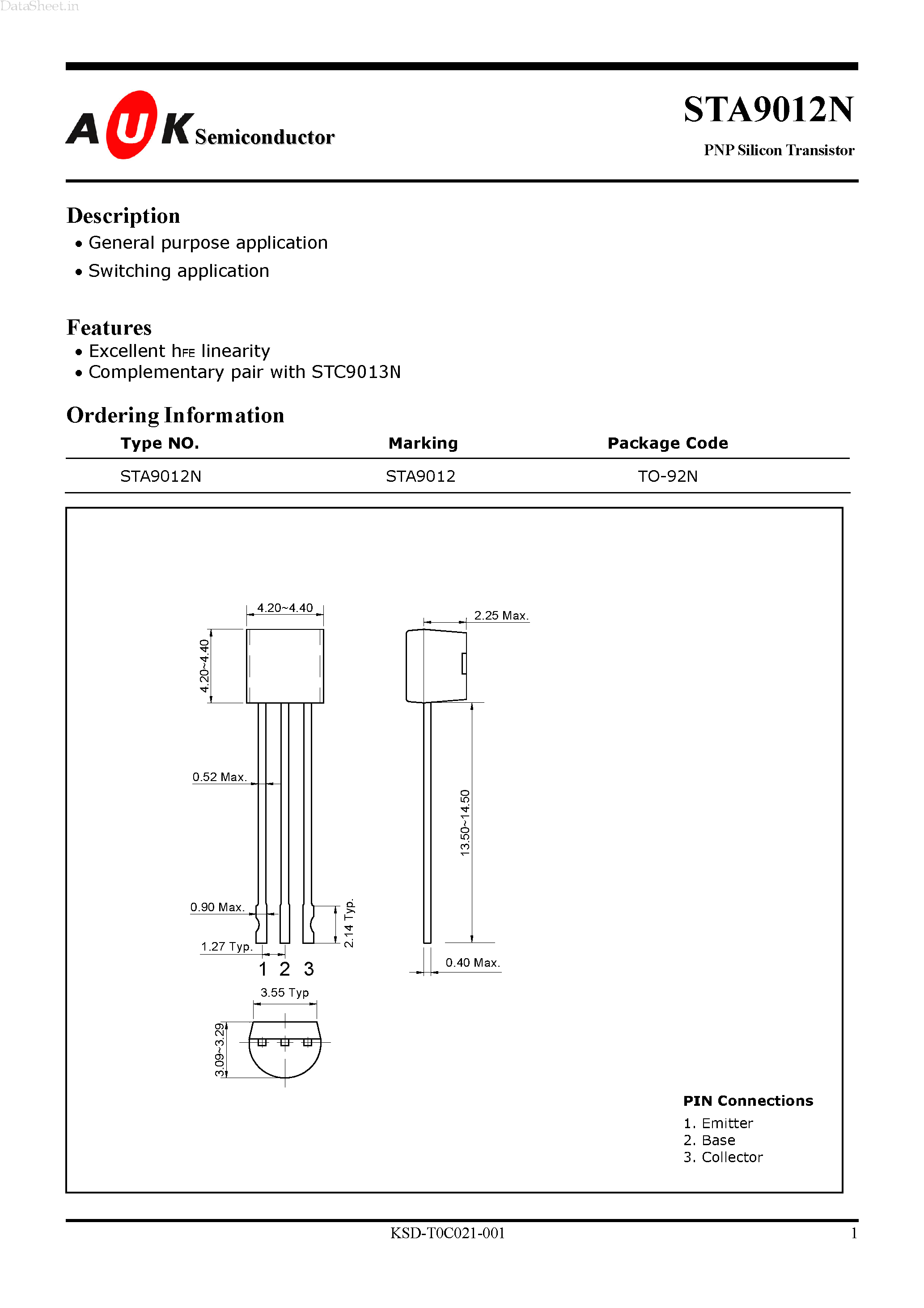 Даташит STA9012N - PNP Silicon Transistor страница 1