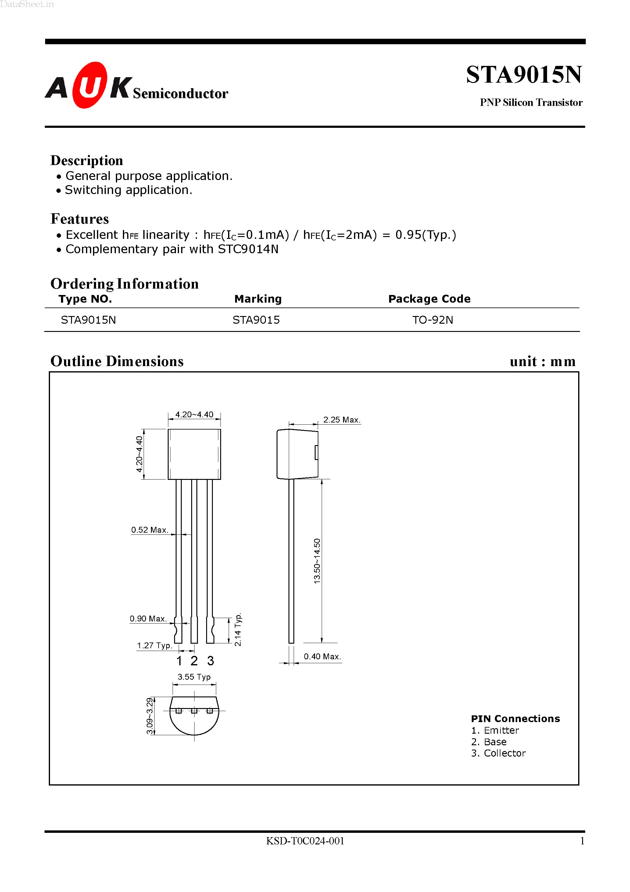 Даташит STA9015N - PNP Silicon Transistor страница 1