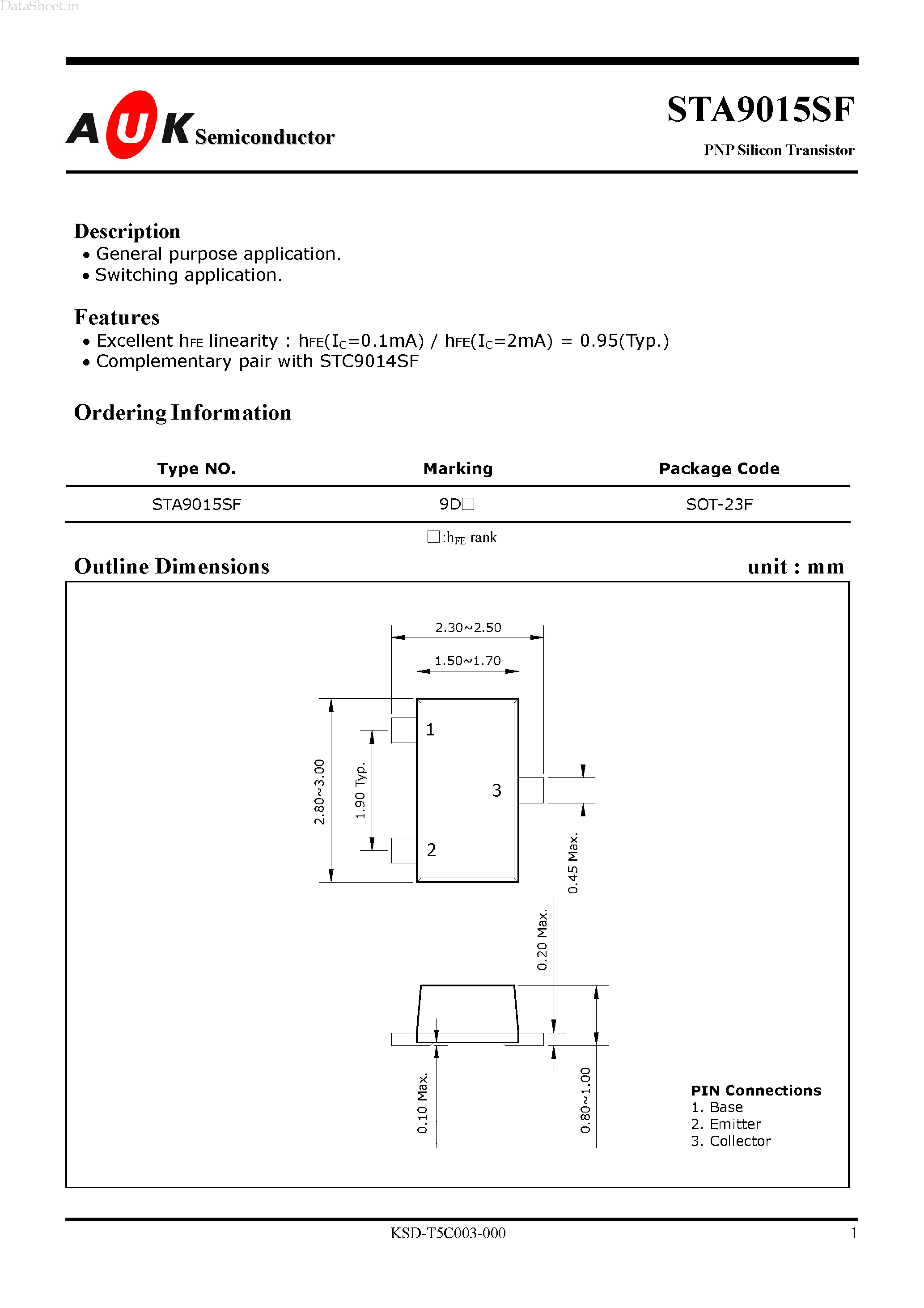 Даташит STA9015SF - PNP Silicon Transistor страница 1