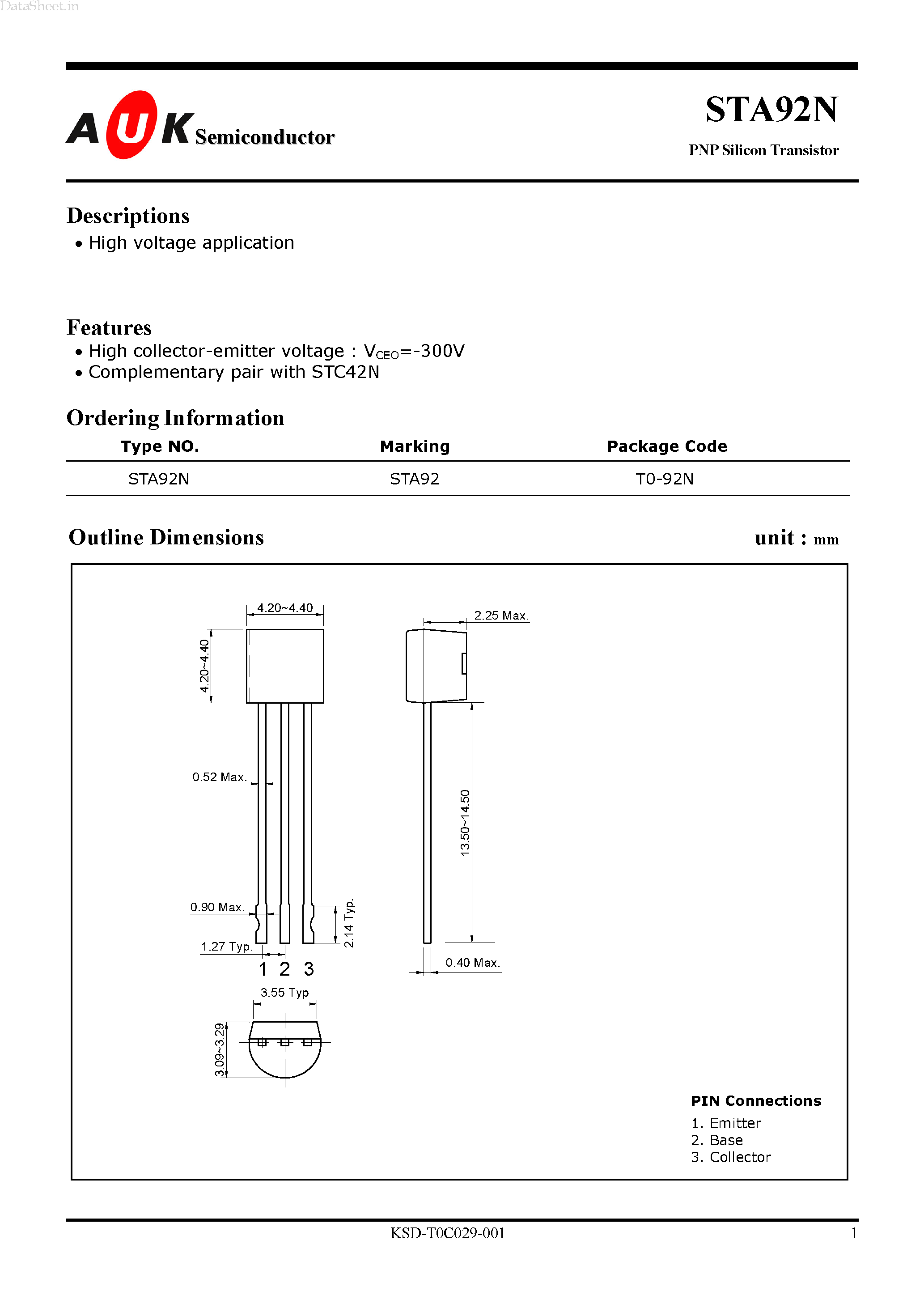 Даташит STA92N - PNP Silicon Transistor страница 1