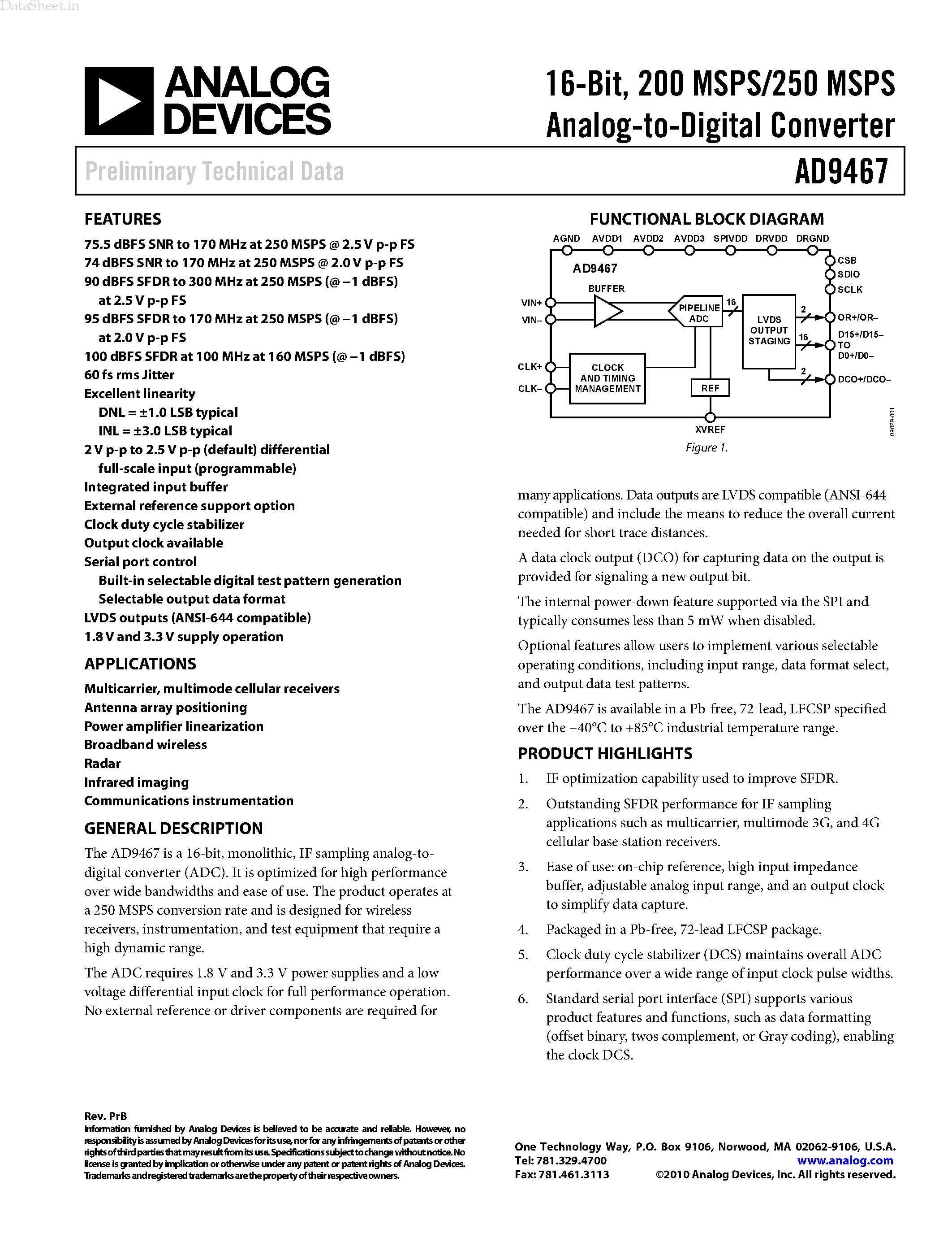 Datasheet AD9467 - 200 MSPS/250 MSPS Analog-to-Digital Converter page 1