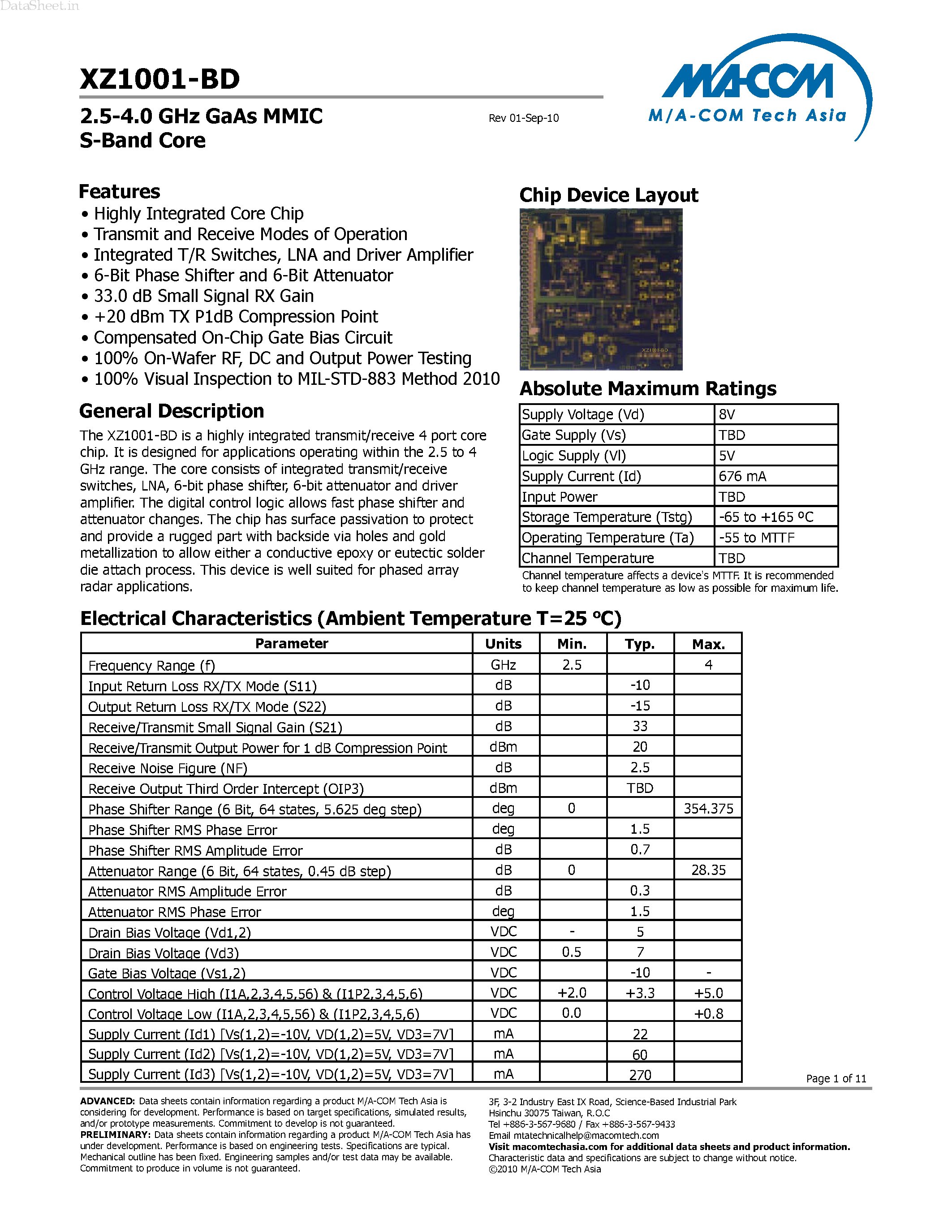 Datasheet XZ1001-BD - highly integrated transmit/receive 4 port core chip page 1