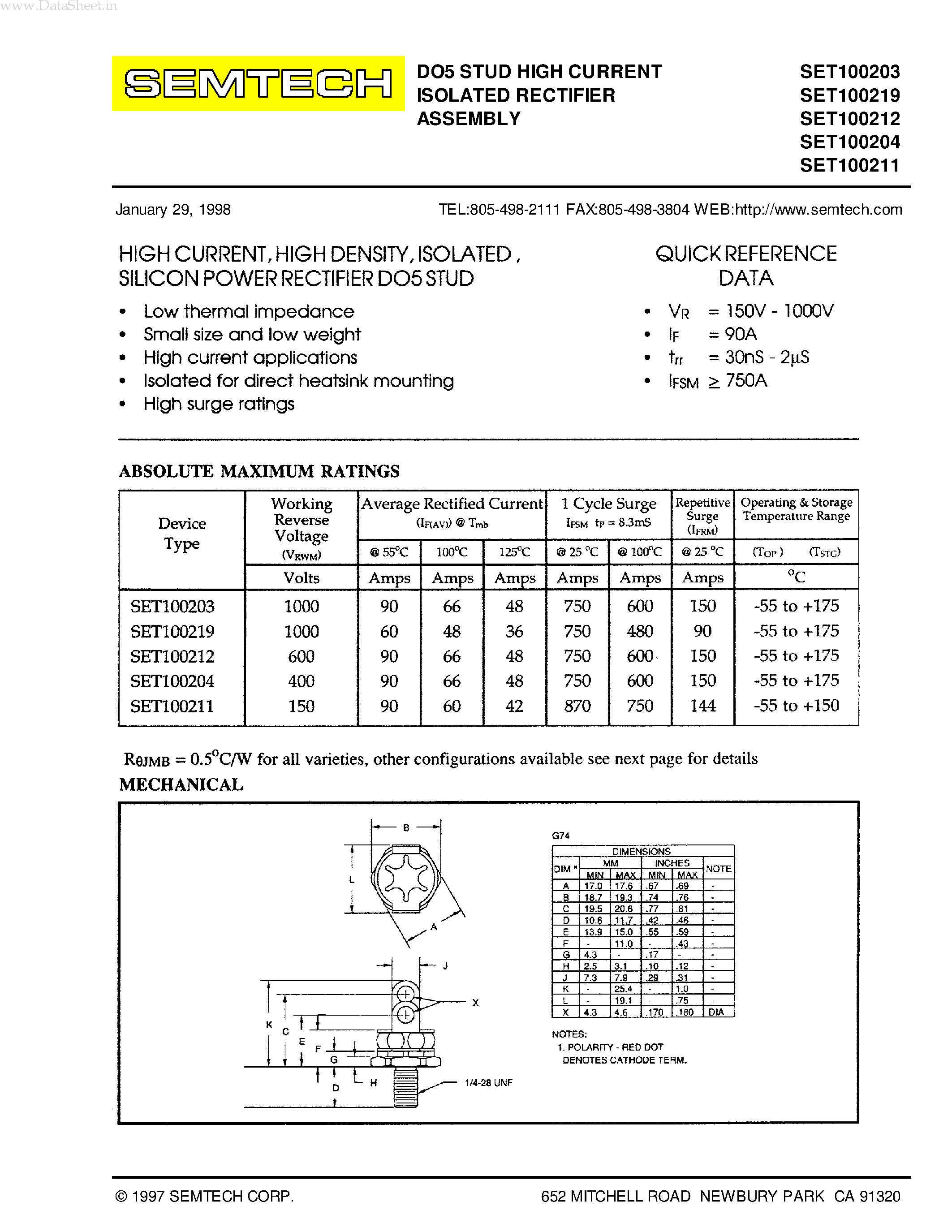 Даташит SET100203 - (SET1002xx) DO5 STUD HIGH CURRENT ISOLATED RECTIFIER ASSEMBLY страница 1