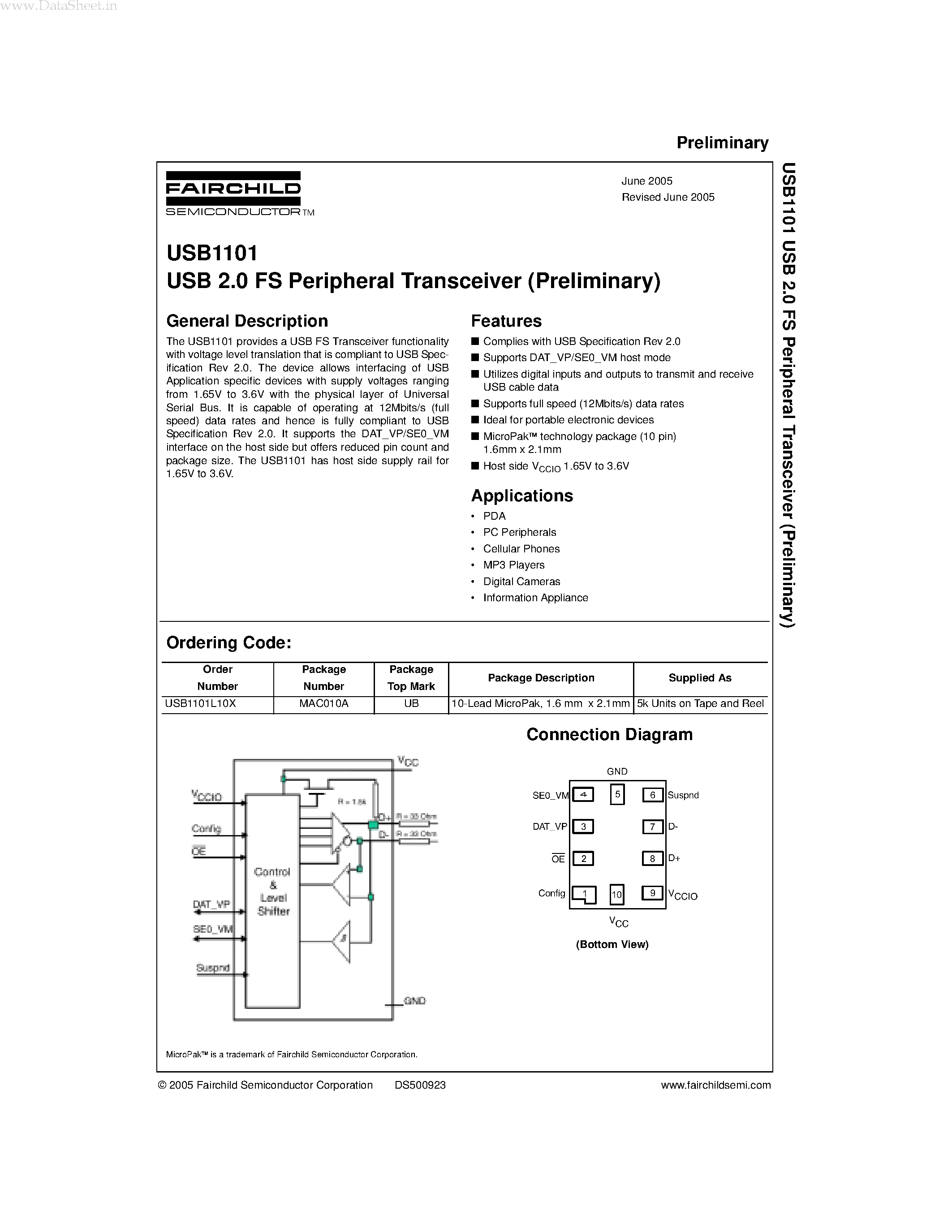 Даташит USB1101 - USB 2.0 FS Peripheral Transceiver страница 1