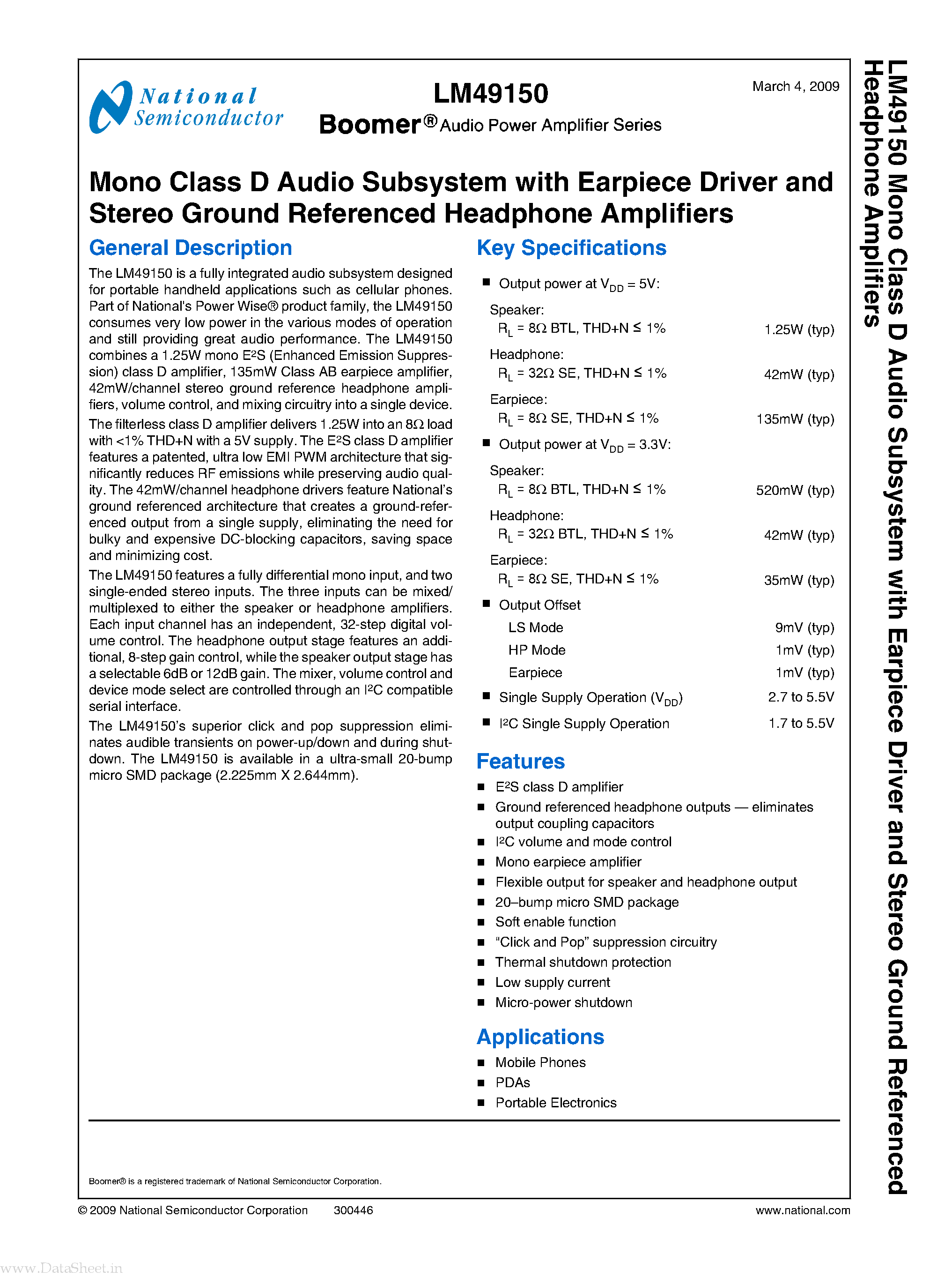 Даташит LM49150 - Mono Class D Audio Subsystem страница 1