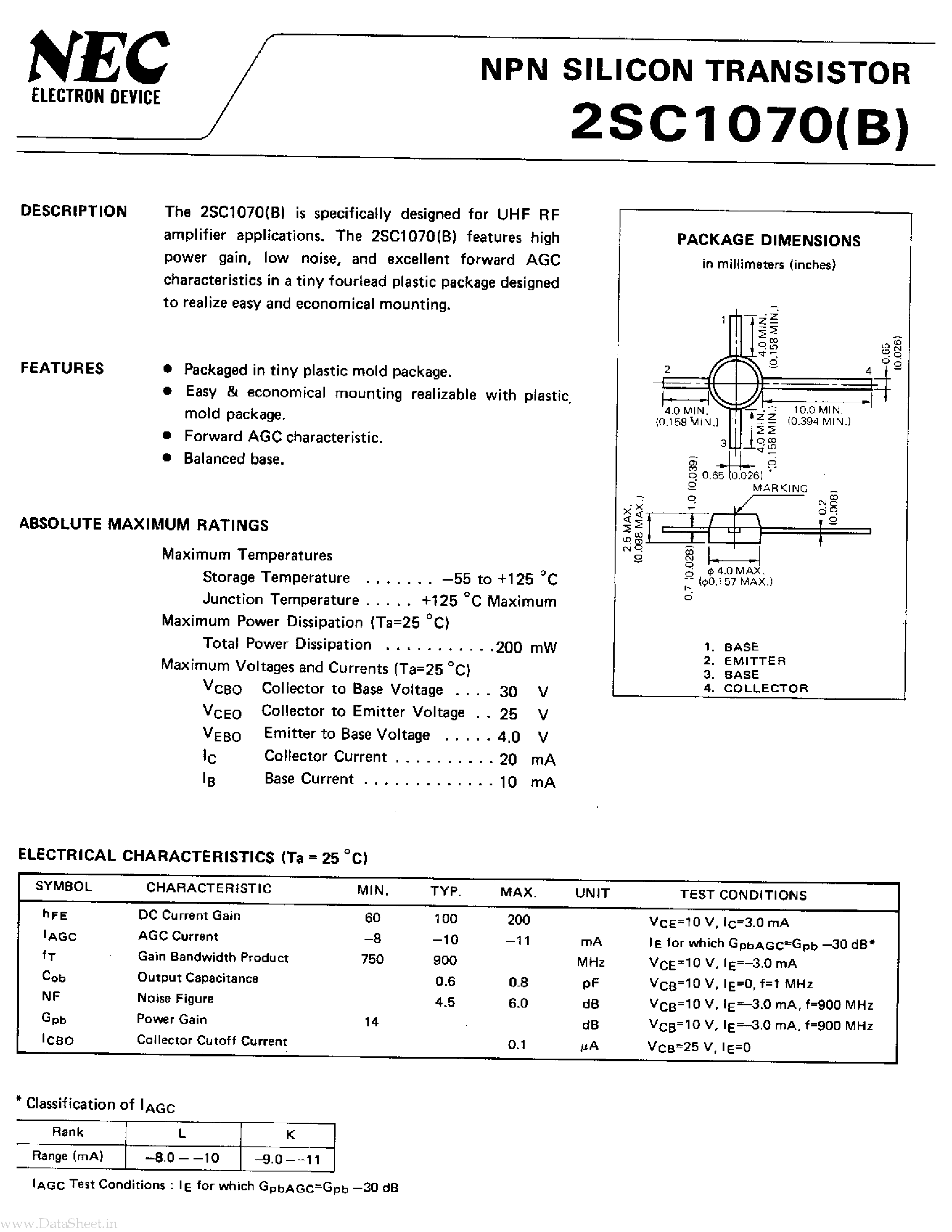 Datasheet 2SC1070 - NPN SILICON TRANSISTOR page 1