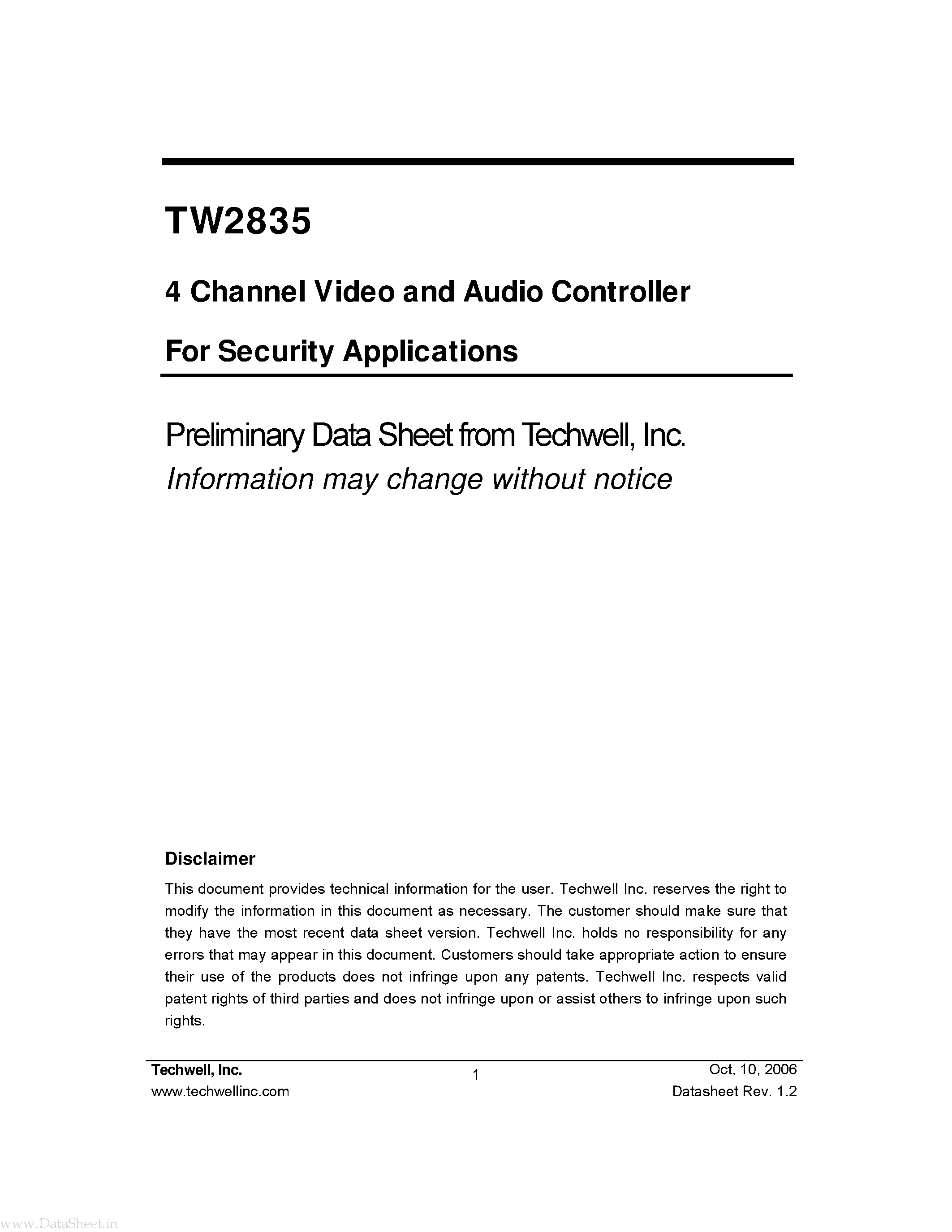 Datasheet TW2835 - 4 Channel Video and Audio Controller page 1